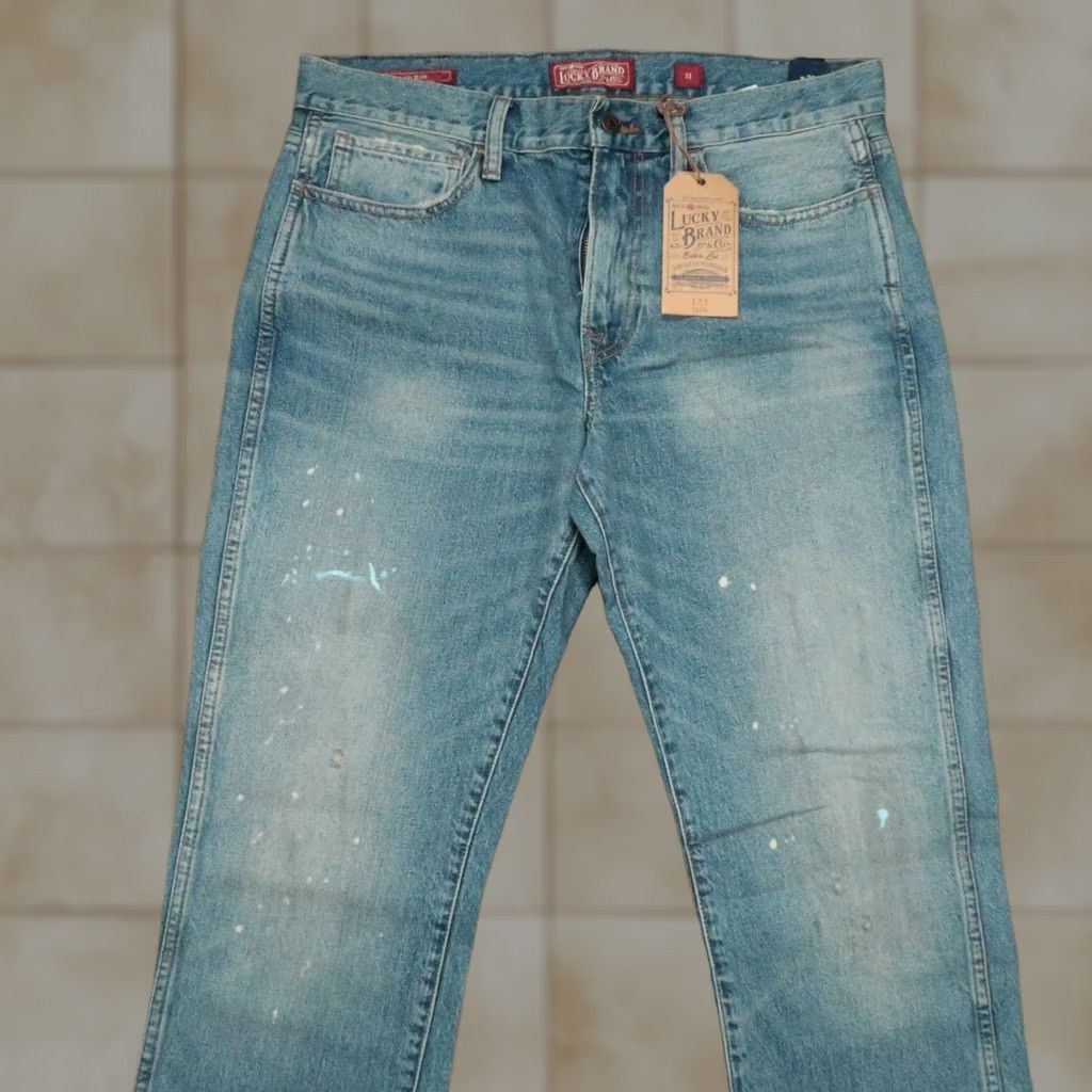 Lucky Brand Lucky Brand Jeans Mens 35x33 Slim Distressed Paint Splatter Blue Denim 5-Pocket Straight Zip Button Inseam 33 Vintage No Mens Size US 35 - 1 Thumbnail