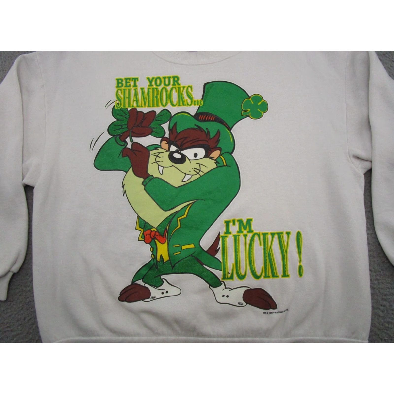 Vintage VTG 1997 TASMANIAN DEVIL Bet Your SHAMROCKS I'm LUCKY Sweatshirt 2X White Men Pullover Cotton Blend Hats? Size US XXL / EU 58 / 5 - 3 Thumbnail