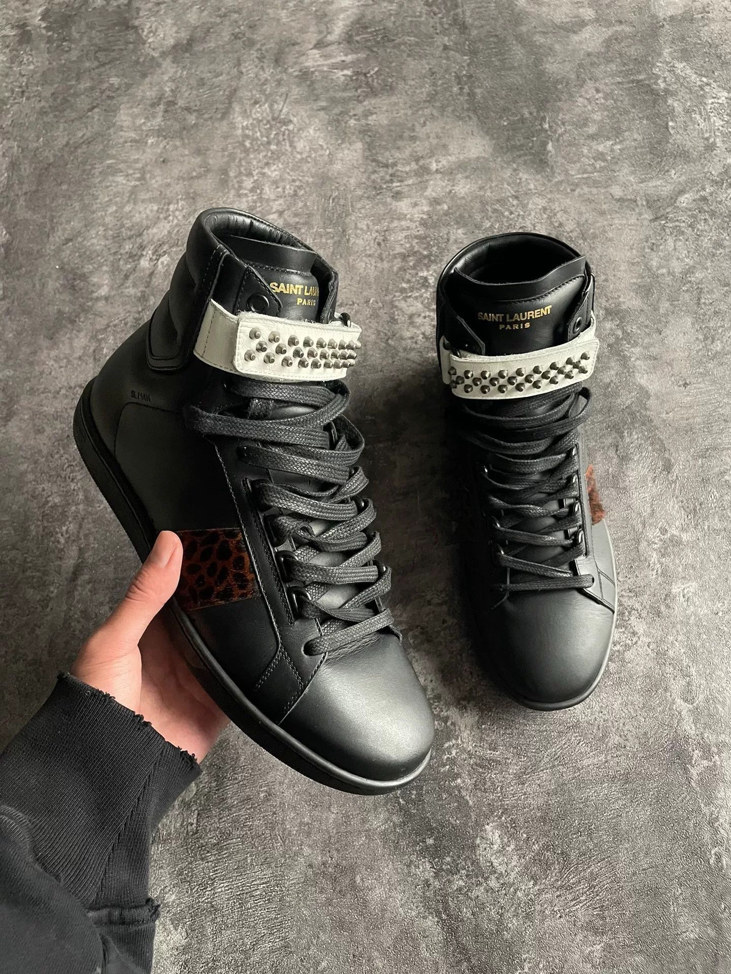 Saint Laurent Paris Saint Laurent Black and Leopard High-Top Sneakers. Size US 8.5 / EU 41-42 - 2 Thumbnail