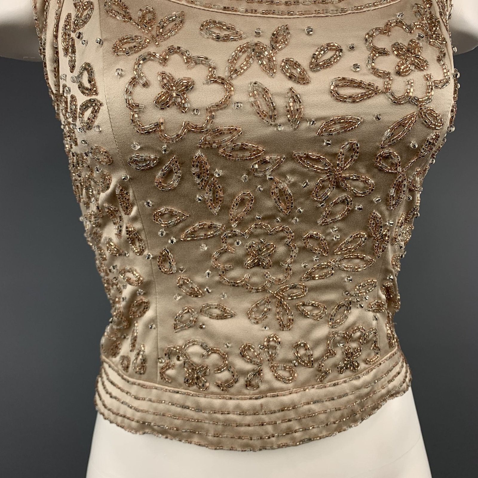 Neiman Marcus Vintage NEIMAN MARCUS Size 2 Beige Beaded Satin Shell Top Size XS / US 0-2 / IT 36-38 - 3 Thumbnail