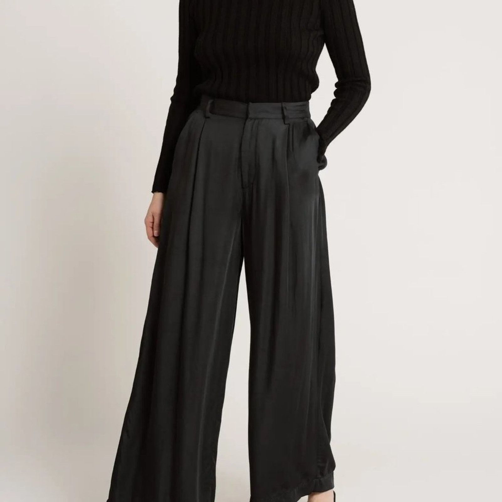 image of Laude The Label Black Hepburn Satin Wide Leg Pleated Pants 2, Women's (Size 26)