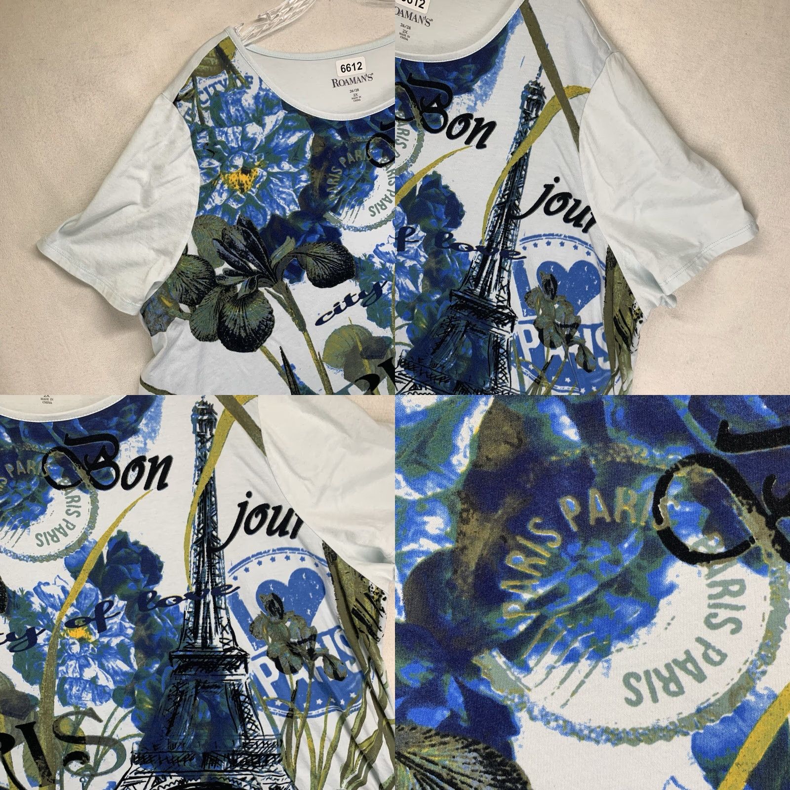 Vintage VINTAGE Roaman's Women's 2X Paris Floral T-Shirt Casual Short Sleeve Cotton Rayon Blue All Seasons Size XXL / US 16-18 / IT 52-54 - 8 Thumbnail