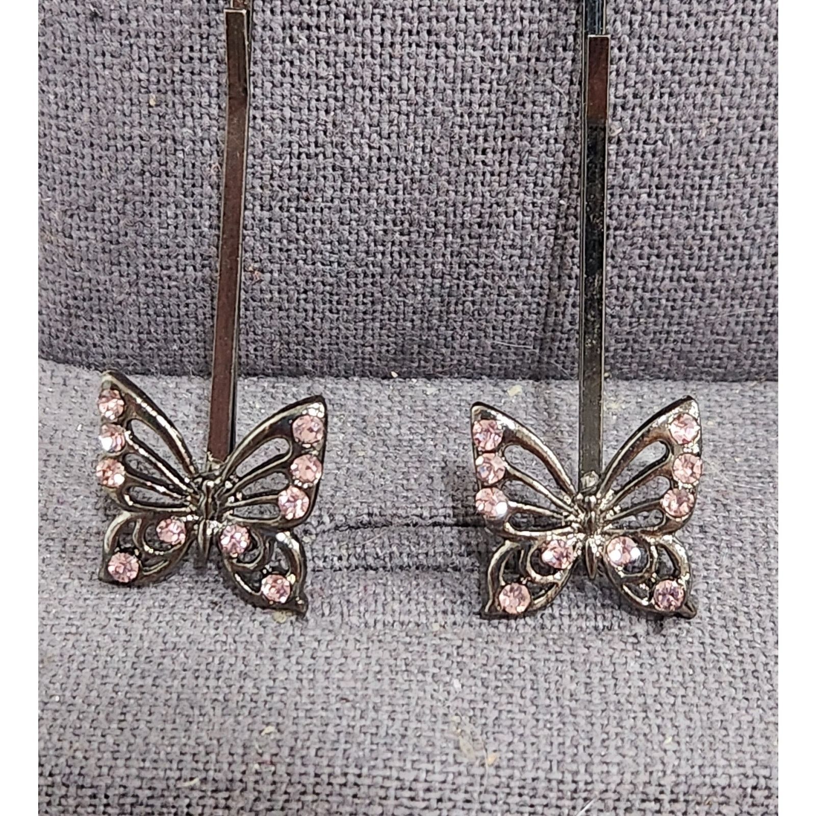 The Unbranded Brand VTG Pink Rhinestones Silver Pair of Butterflies Hair Pins Size ONE SIZE - 2 Thumbnail