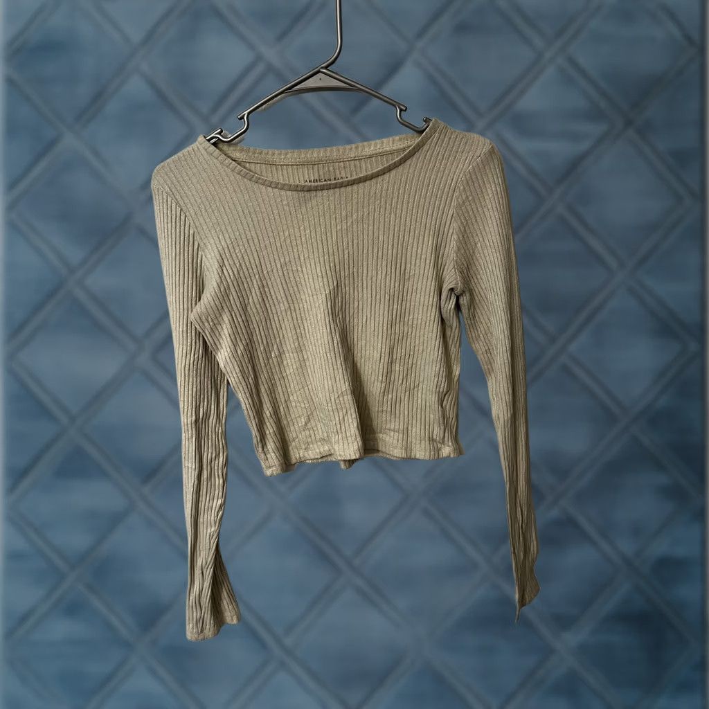 Vintage American Eagle Casual Fitted Ribbed Crop Top Long Sleeve Beige Small Women’s Size S / US 4 / IT 40 - 1 Thumbnail