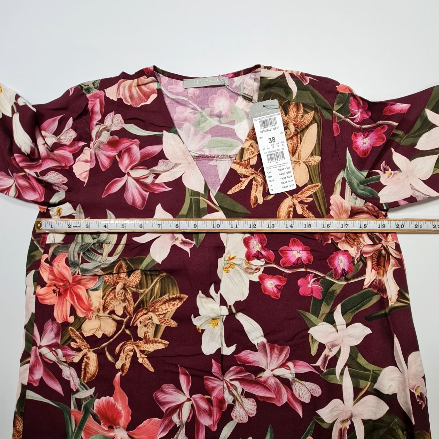 CO Betty & Co Womens Blouse Burgundy Red 12 UK Floral 3/4 Sleeves Top Size XL / US 12-14 / IT 48-50 - 5 Thumbnail