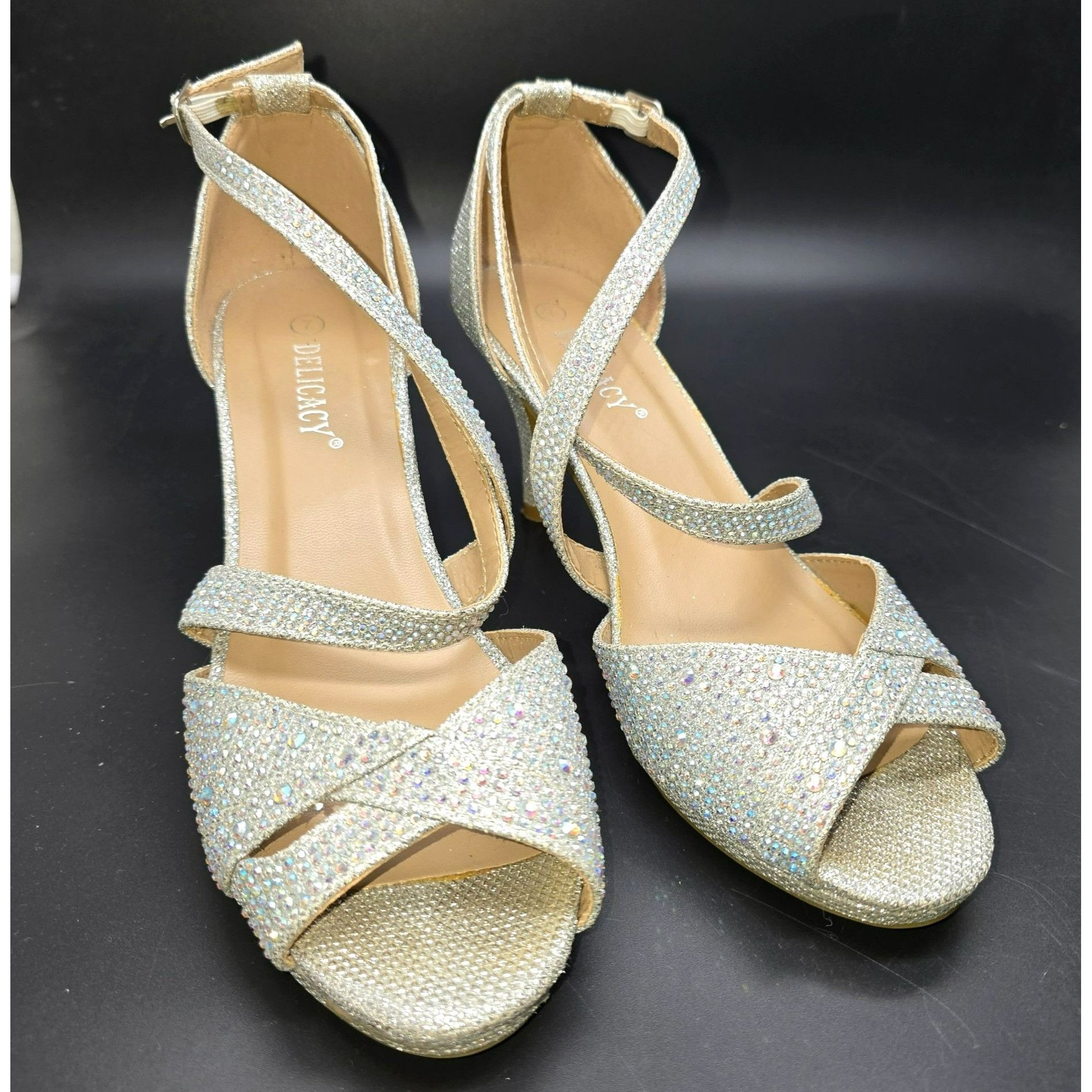 Other Womens Heels Silver Glitter Rhinestone Strappy Open Toe Deli Size US 7 / IT 37 - 4 Thumbnail