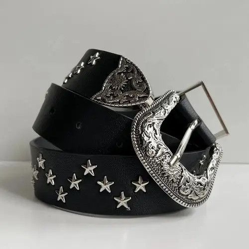 Cowboy Equipment vintage black american western cowboy boho star studded belt Size ONE SIZE - 5 Thumbnail