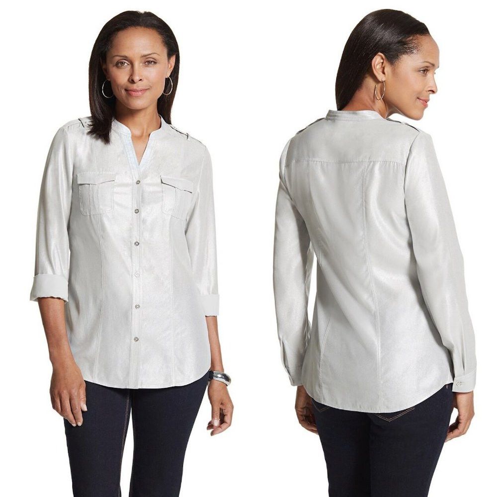 Chicos New Chico's Silver Shimmer Izzie Top Shirt Size 0 US S Size S / US 4 / IT 40 - 1 Thumbnail