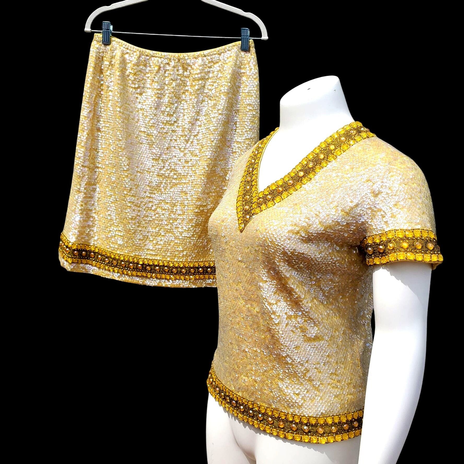 Vintage 60s Sequin Beaded Yellow Skirt Set XL NWT Cleopatra Movie In Size XL / US 12-14 / IT 48-50 - 16 Thumbnail