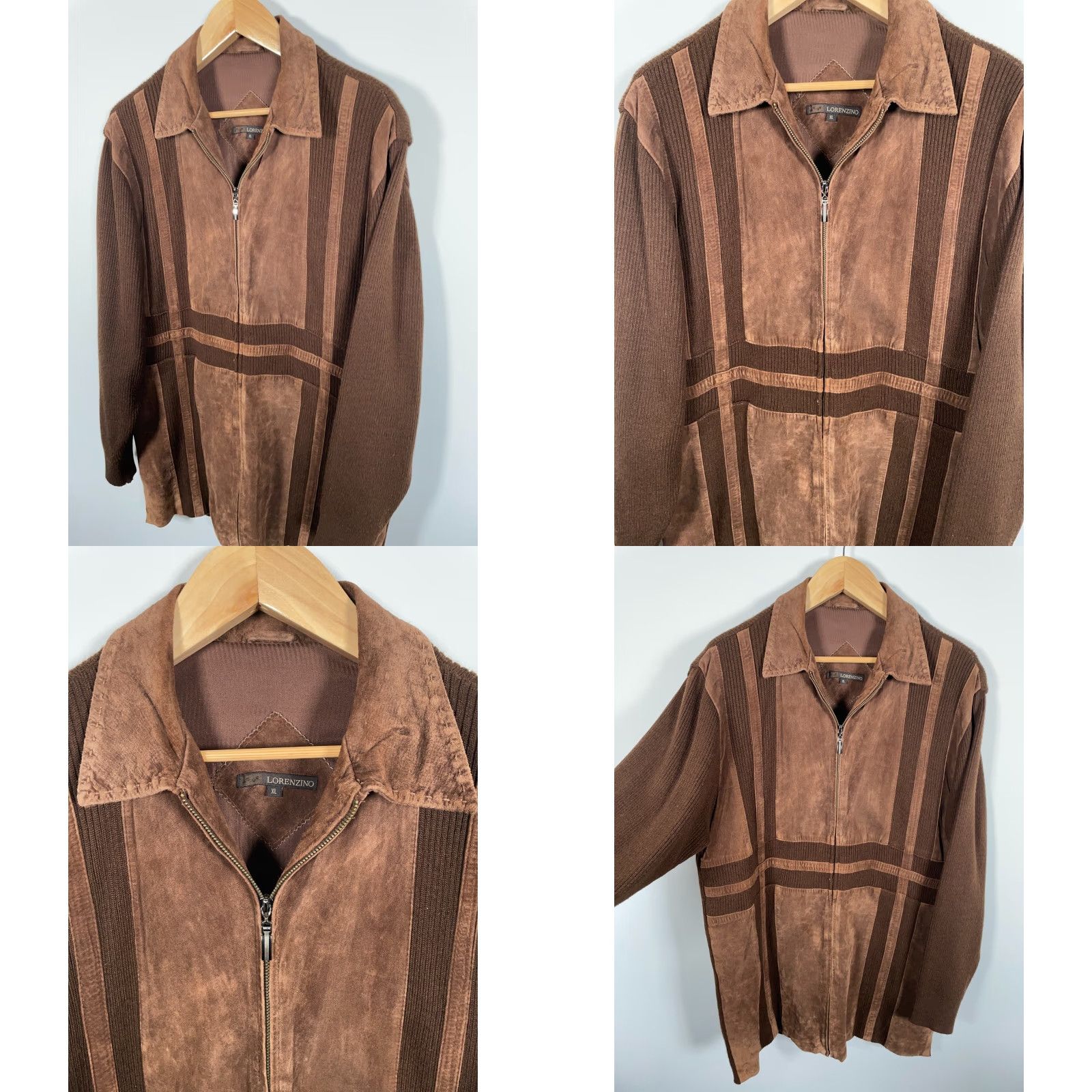 Vintage VINTAGE Lorenzino Leather Wool Knit Zip-Up Bomber Jacket Men XL Brown Unlined Full Zip Short Size US XL / EU 56 / 4 - 9 Thumbnail