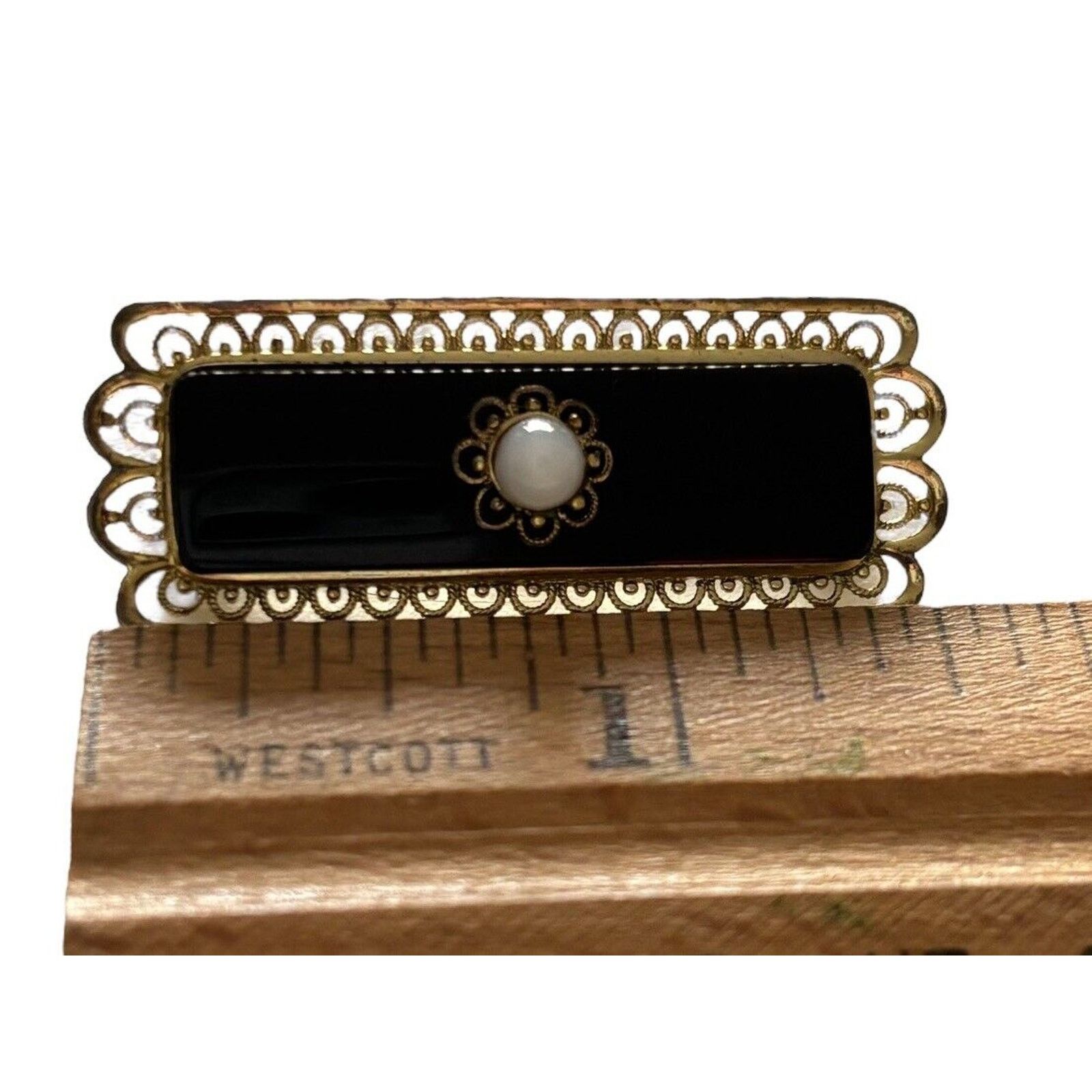 Other 800 Sterling Silver Vermeil Filigre Onyx Mourning Bar Brooch Size ONE SIZE - 7 Thumbnail