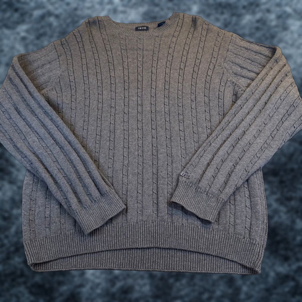 Izod IZOD Cable Knit Sweater Gray 100% Cotton Crewneck Long Sleeve Mens XL Pullover Size US XL / EU 56 / 4 - 1 Thumbnail