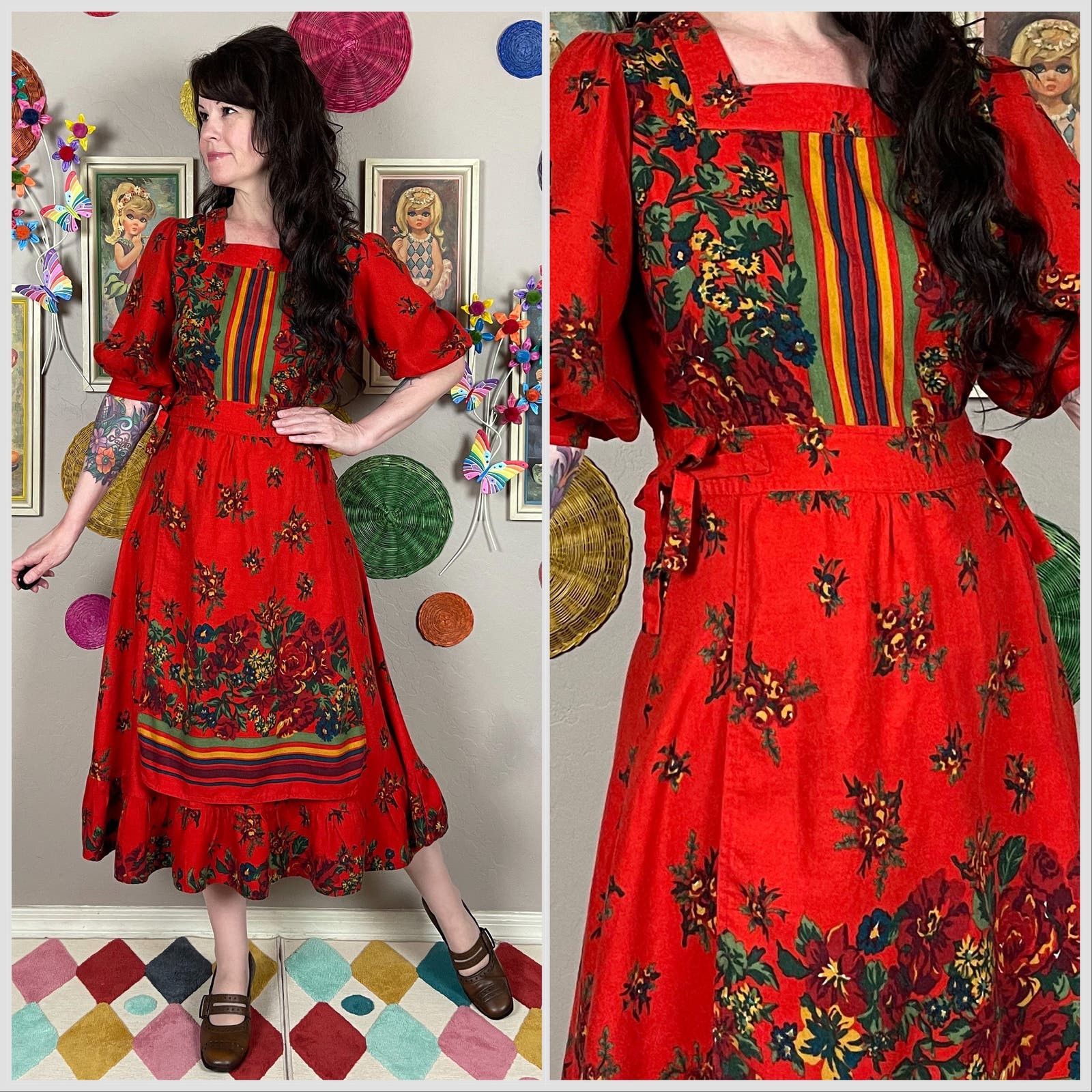image of Vintage 1970S Red Floral Short Sleeve Provencal Peasant Midi Dress, Women's (Size Small)