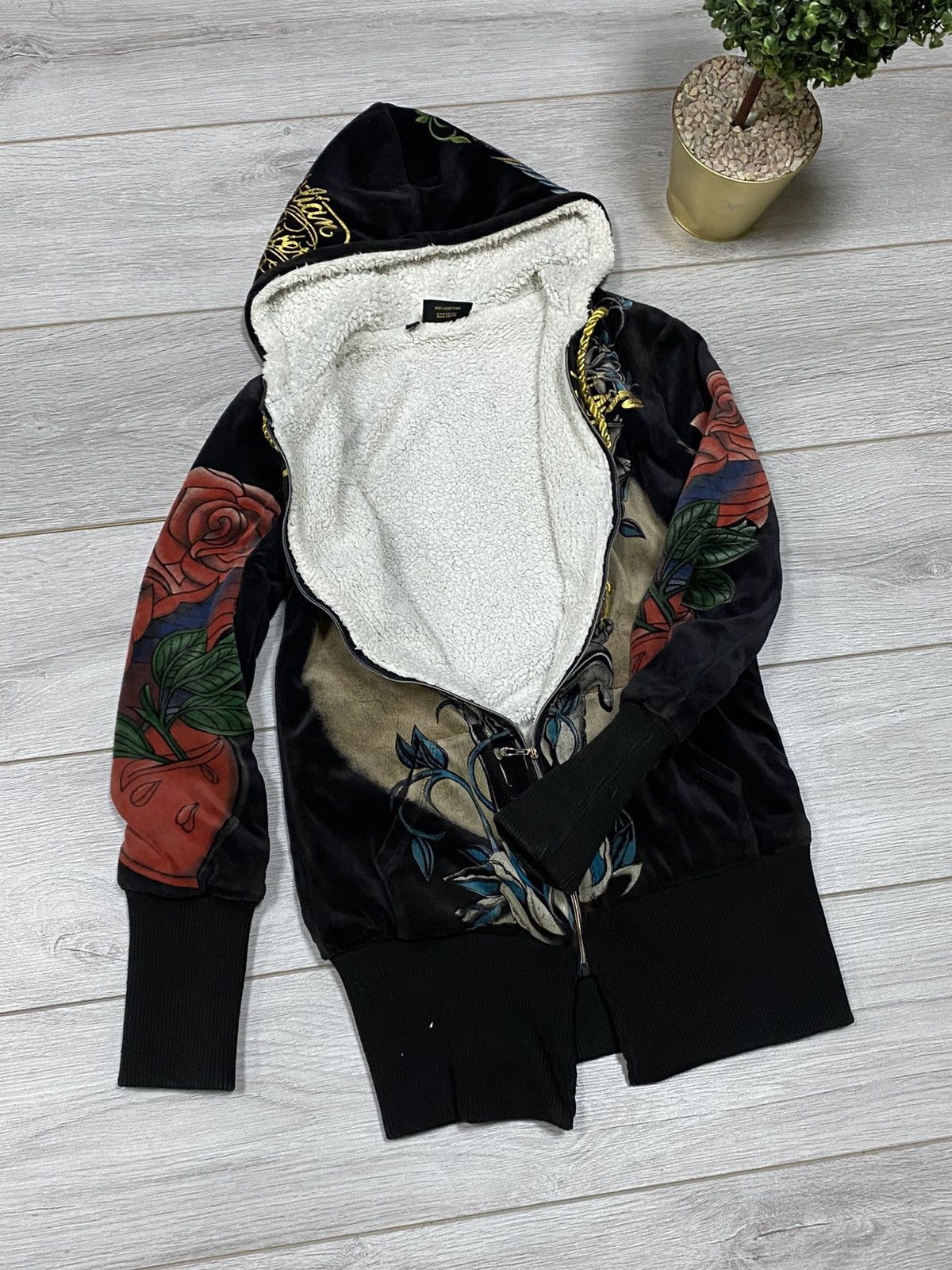 Ed Hardy Christian Audigier 🌹 velour all over print hoodie zip fleece Size M / US 6-8 / IT 42-44 - 3 Thumbnail