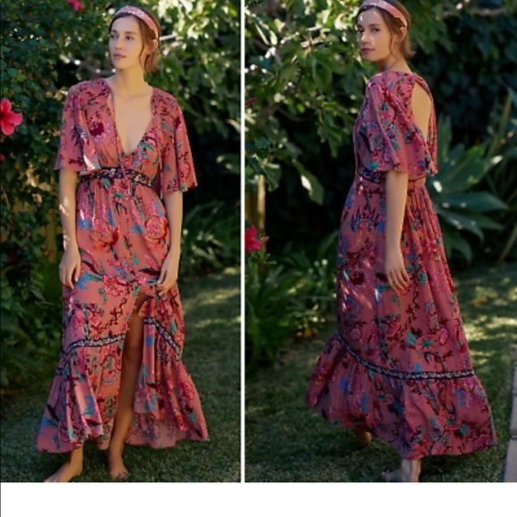Anthropologie Anthropologie M Bohemian Floral Maxi Dress Flutter Sleeves V Size M / US 6-8 / IT 42-44 - 11 Thumbnail
