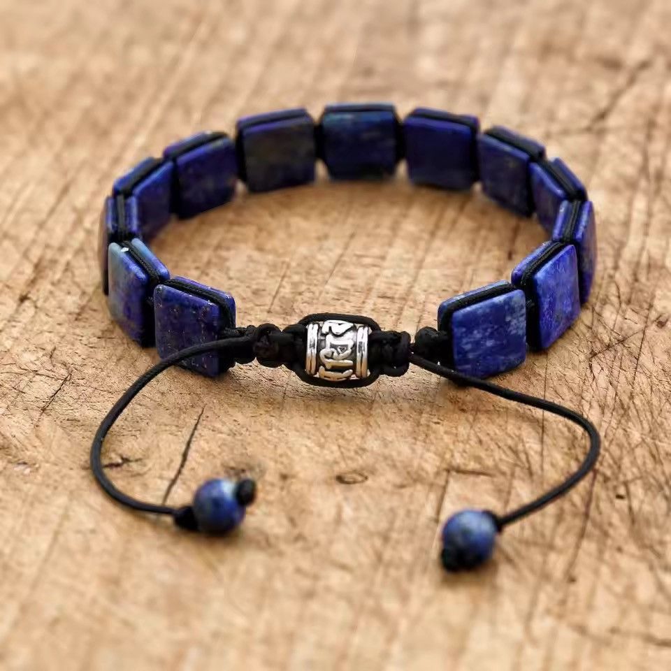 Handmade 10mm Square Lapiz Lazuli Stone Beads Braided Bracelet Size ONE SIZE - 2 Thumbnail