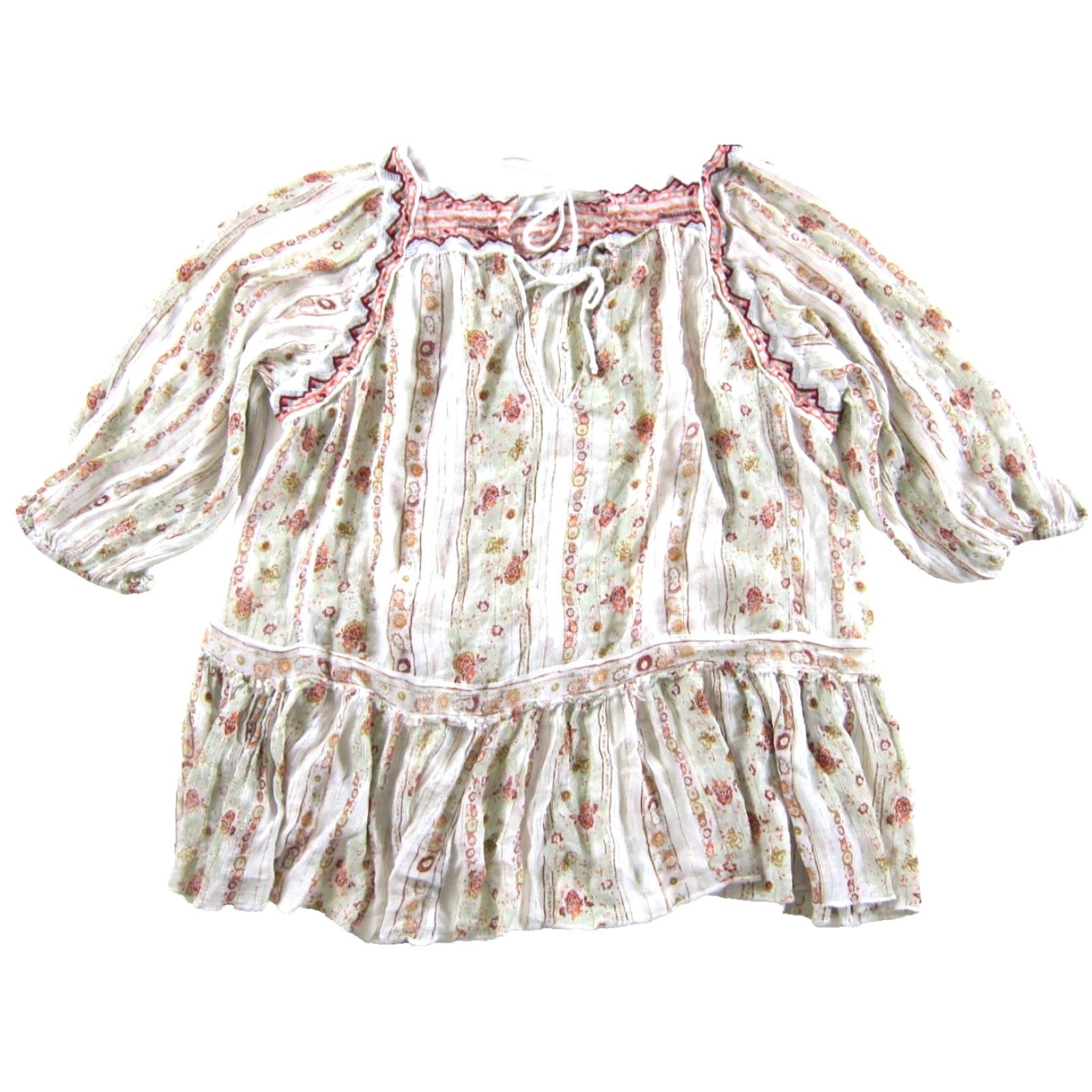 Free People Free People Blouse Womens XS Pink Floral Sheer Rayon Peasant Size XS / US 0-2 / IT 36-38 - 2 Thumbnail
