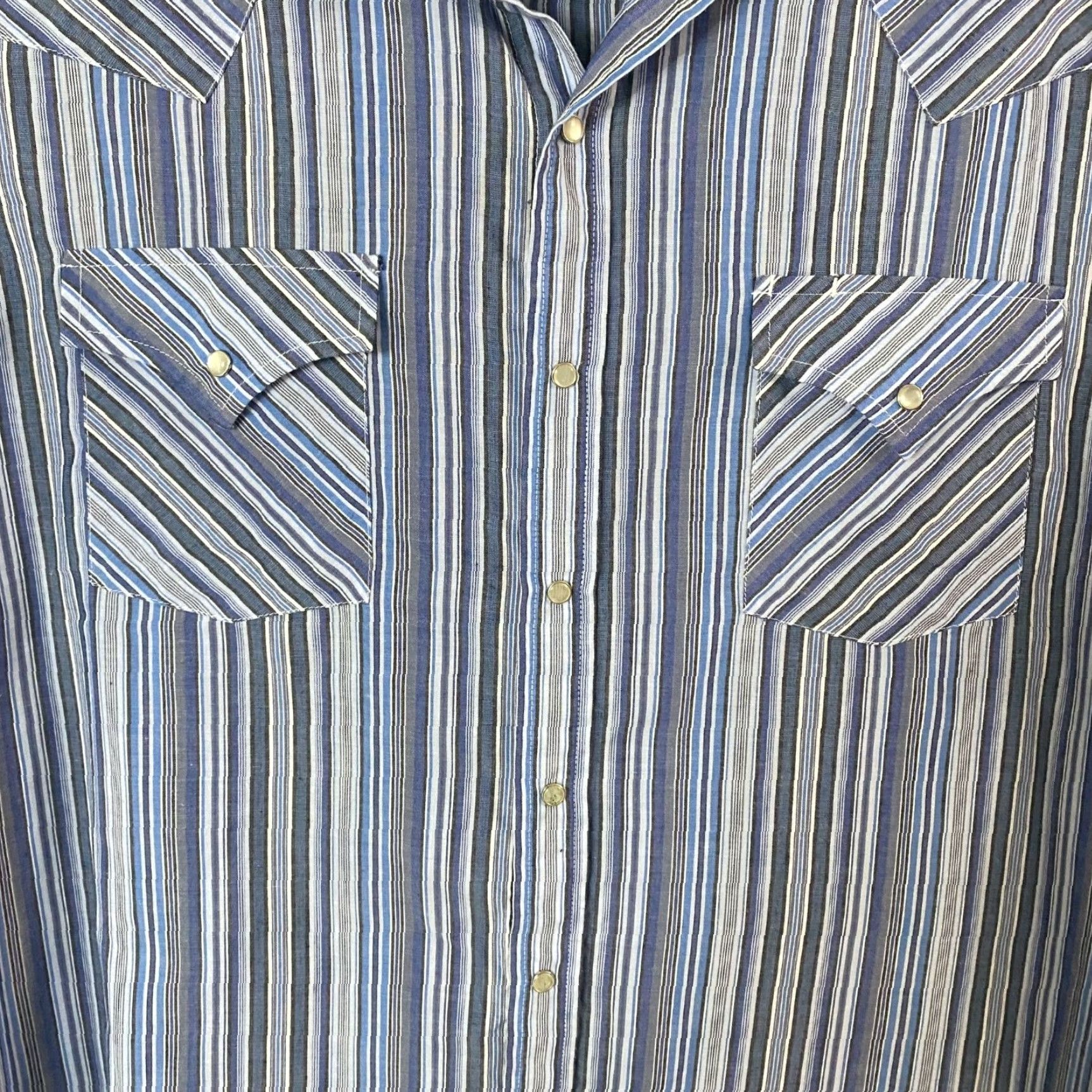 Vintage VINTAGE Plains Western Snap Button-Up Short-Sleeve Shirt Blue Multi-Stripe Men 2X Big & Tall Button-Up Shirt Size US XXL / EU 58 / 5 - 6 Thumbnail