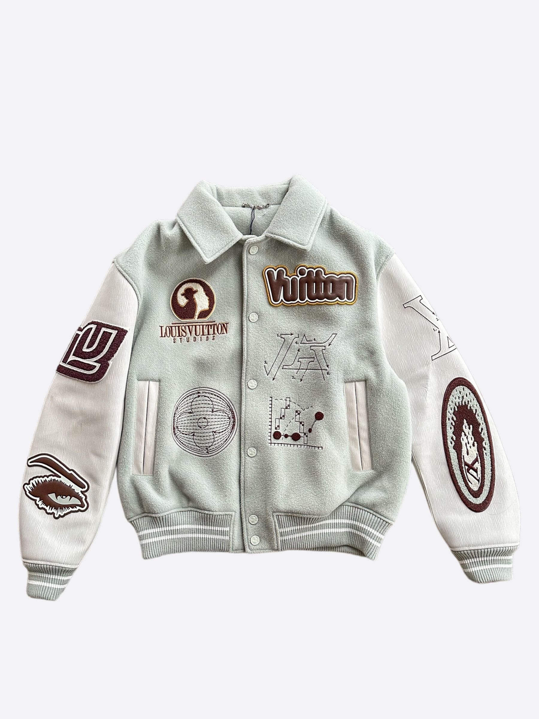 image of Louis Vuitton Aqua & White Leather Varsity Jacket, Men's (Size XL)