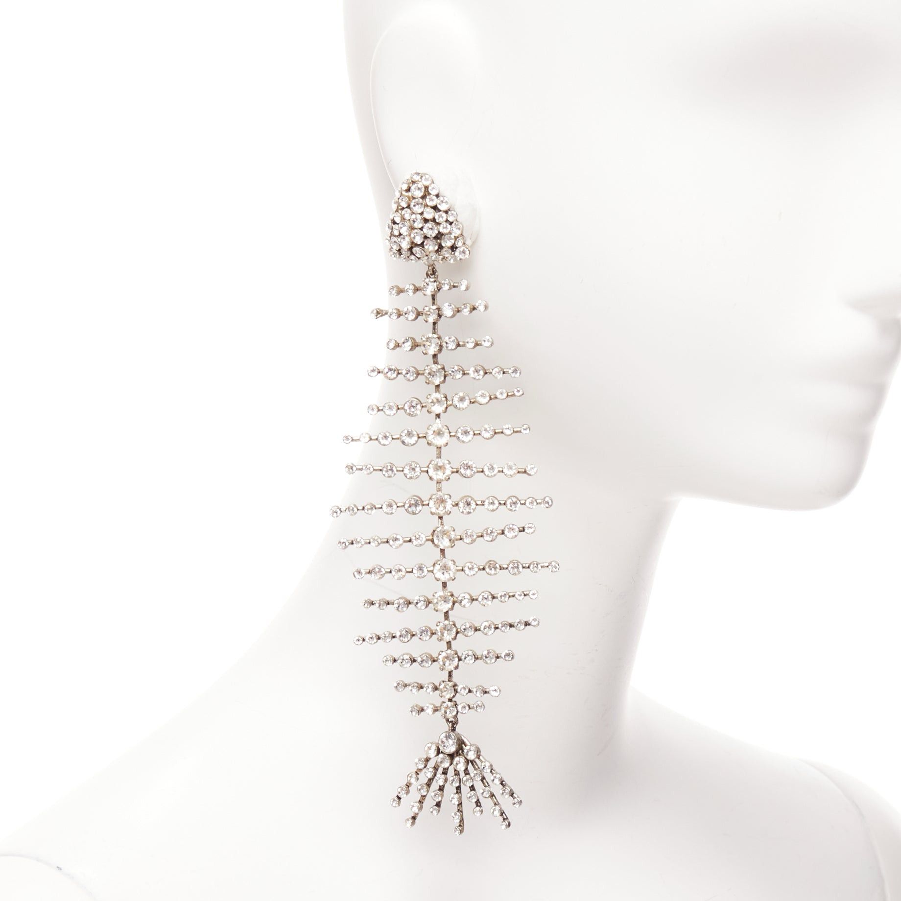 Saint Laurent Paris SAINT LAURENT clear crystal spiral fish bone dangling clip on earrings Size ONE SIZE - 1 Thumbnail