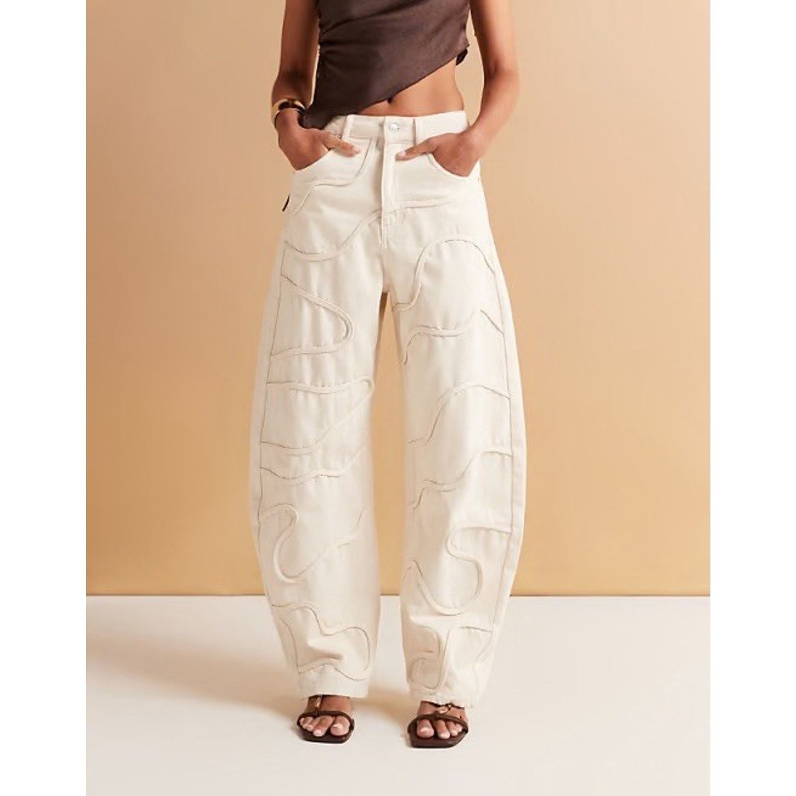 Asos ASOS DESIGN high waisted barrel leg jean Ecru Swirl Design 2 Size 26" / US 2 / IT 38 - 1 Thumbnail