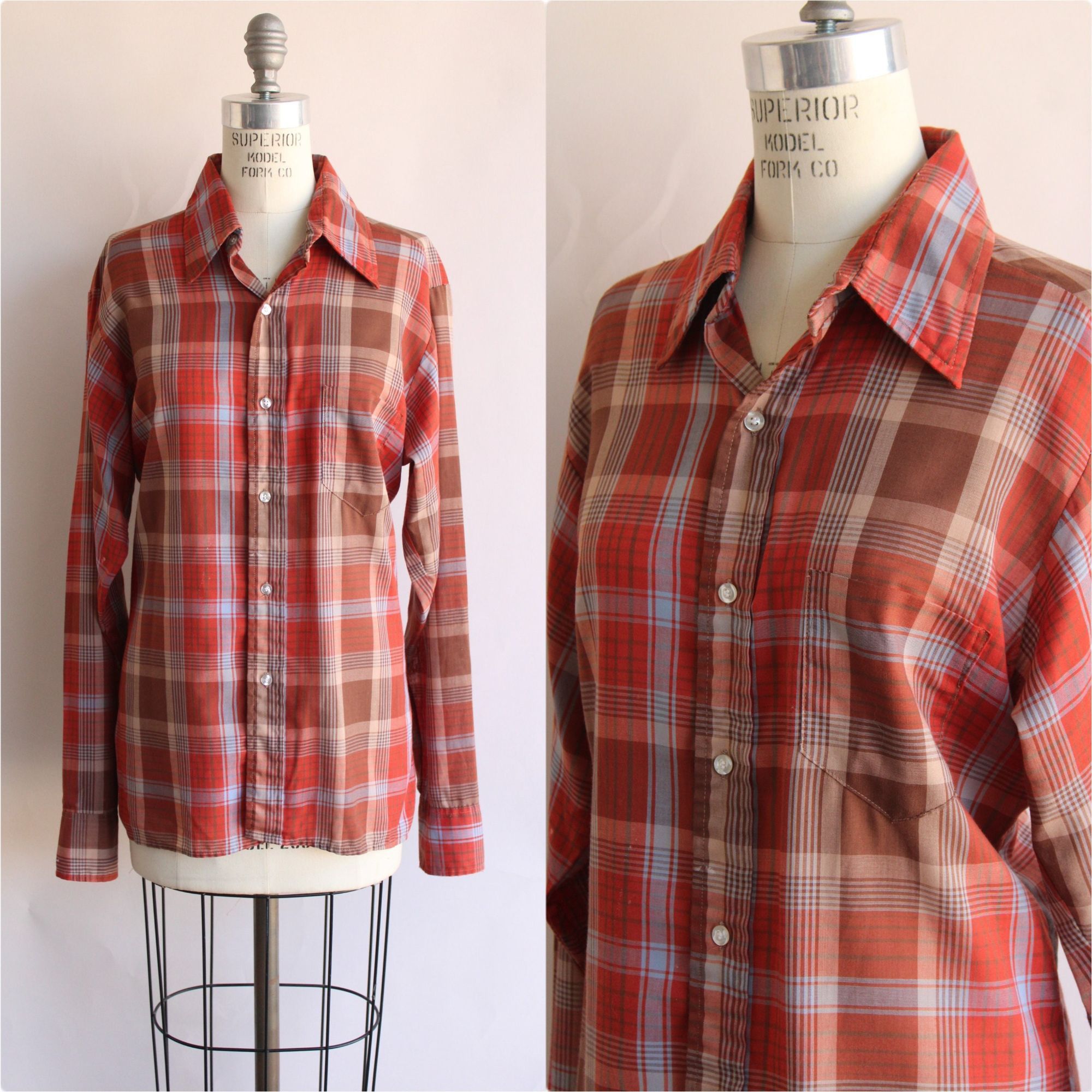 Vintage Vintage 1970s Shirt, Viking Dagger Collar Orange Plaid Trata Size L / US 10 / IT 46 - 1 Thumbnail