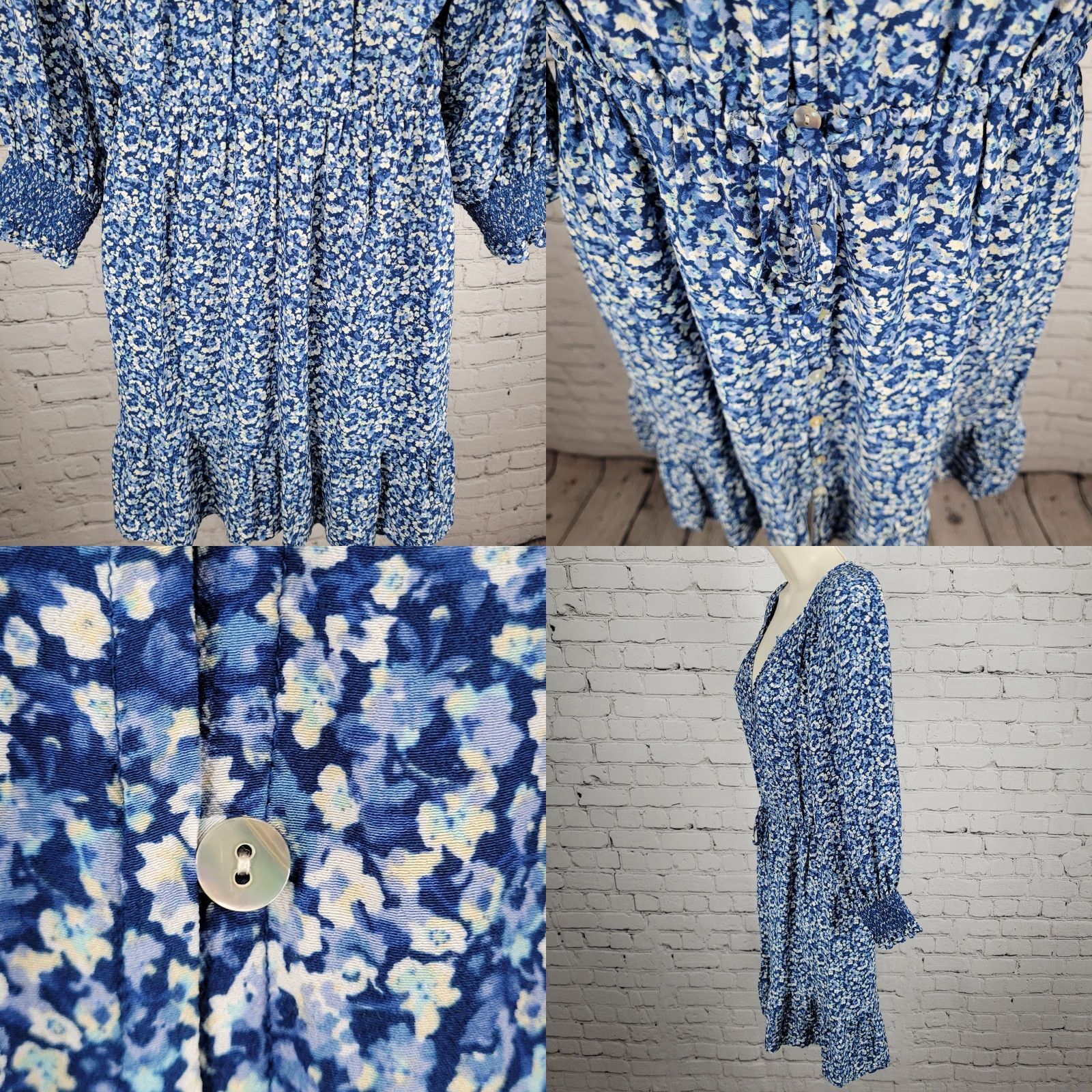 Rails Rails Blue Floral Eliza Chrysanthemum Dress 3/4 Sleeve Tie Waist Unlined Small S Size S / US 4 / IT 40 - 8 Thumbnail