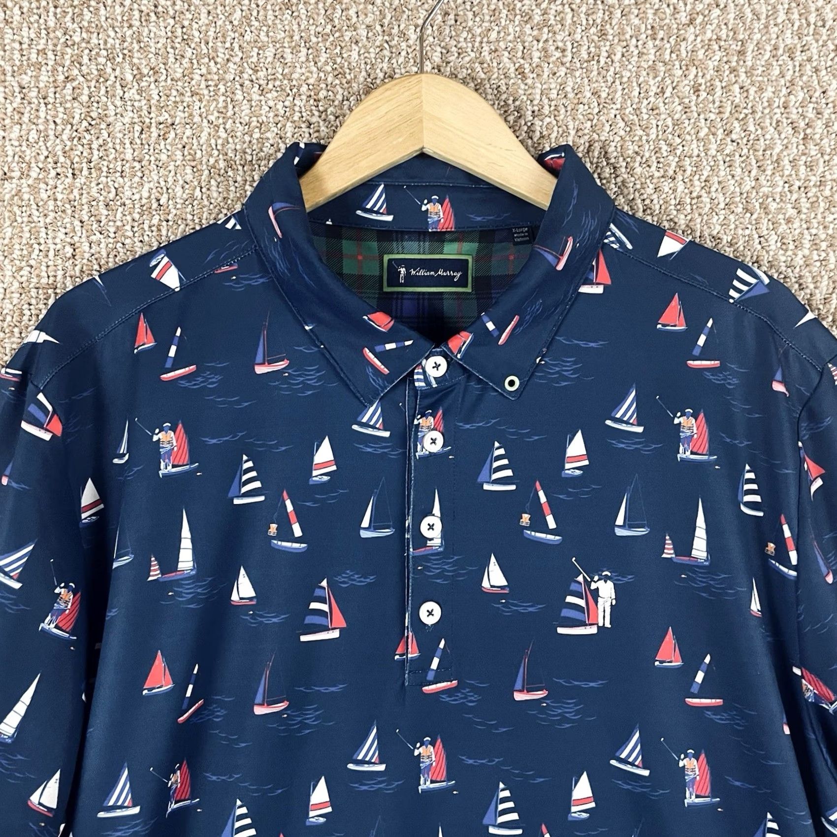 Vintage William Murray Polo Shirt Mens XL Blue Sail Boat Nautical Print Performance T356 Size US XL / EU 56 / 4 - 3 Thumbnail