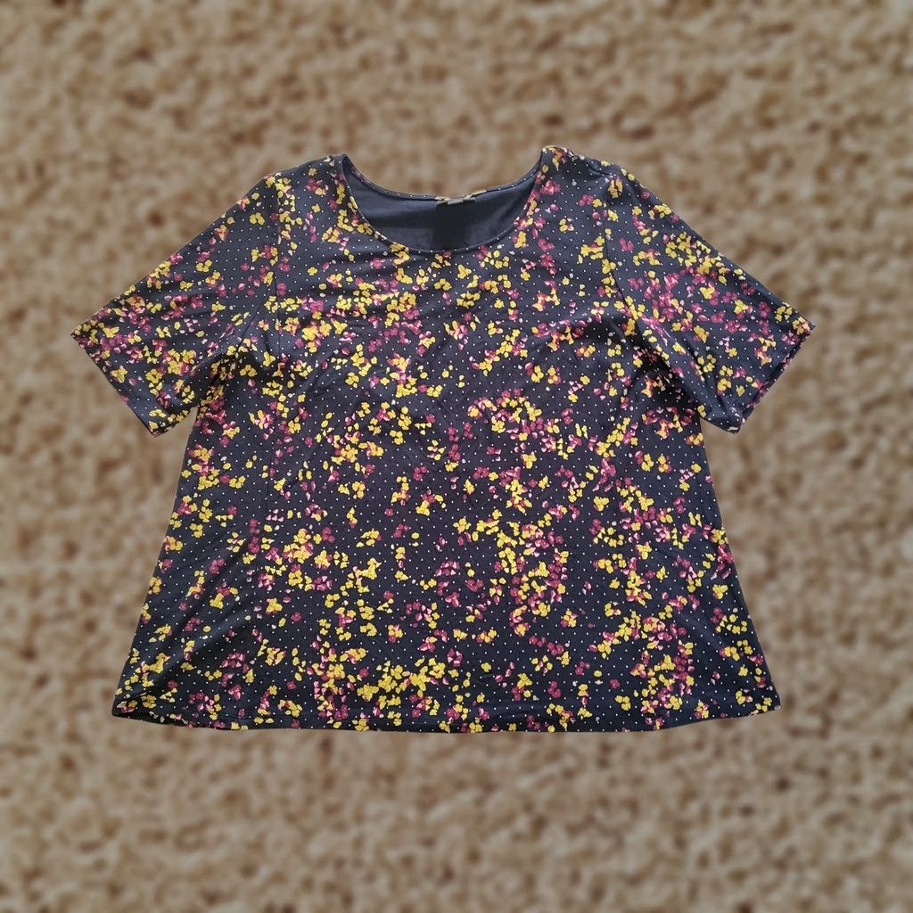 J. Jill J Jill Top Shirt Womens L Black Polka Dot Floral Short Sleeve Stretch Casual Blouse Size L / US 10 / IT 46 - 1 Thumbnail