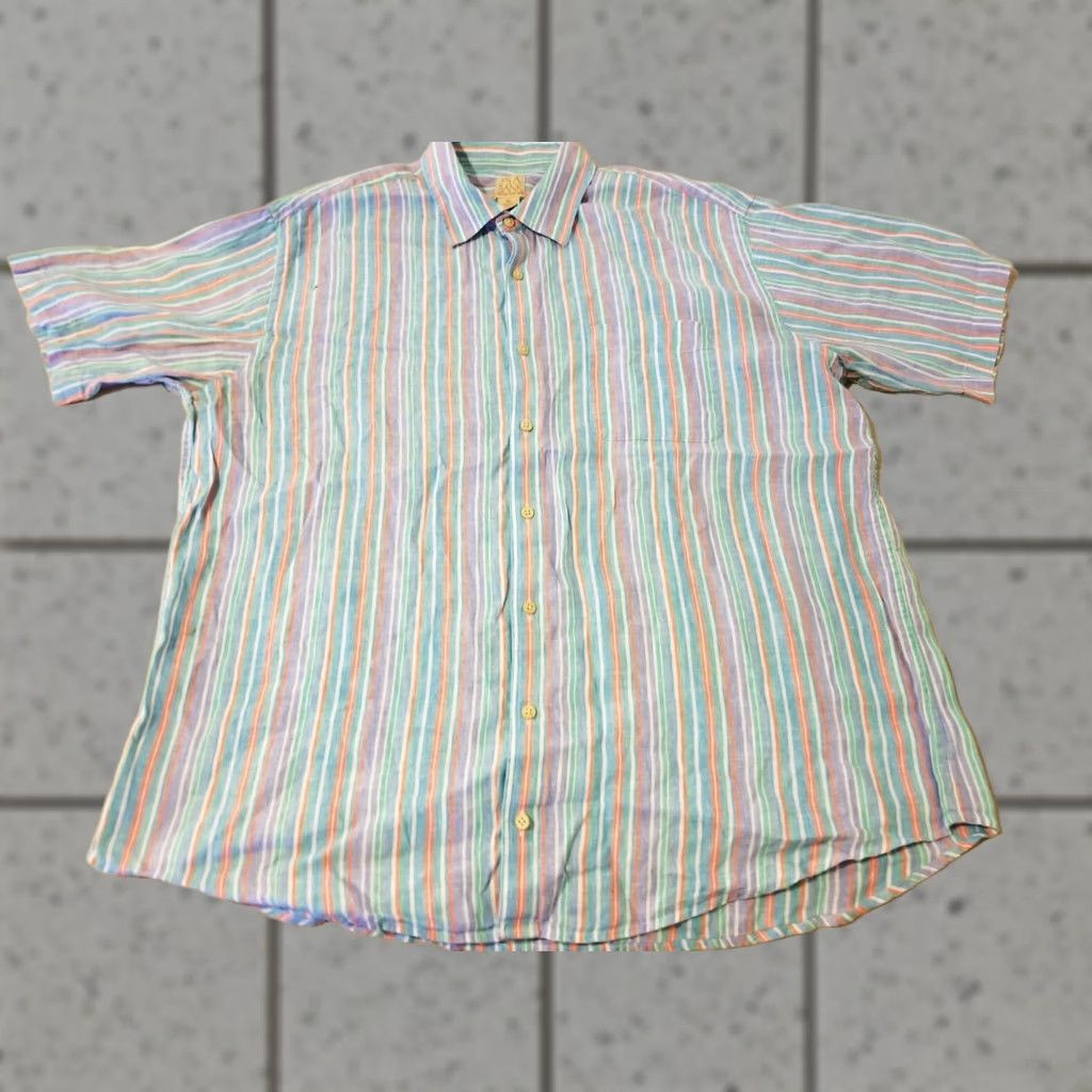 Jos. A. Bank Mens Jos. A. Bank Shirt XL Green Blue Button Linen Short Sleeve Size 46R - 1 Thumbnail