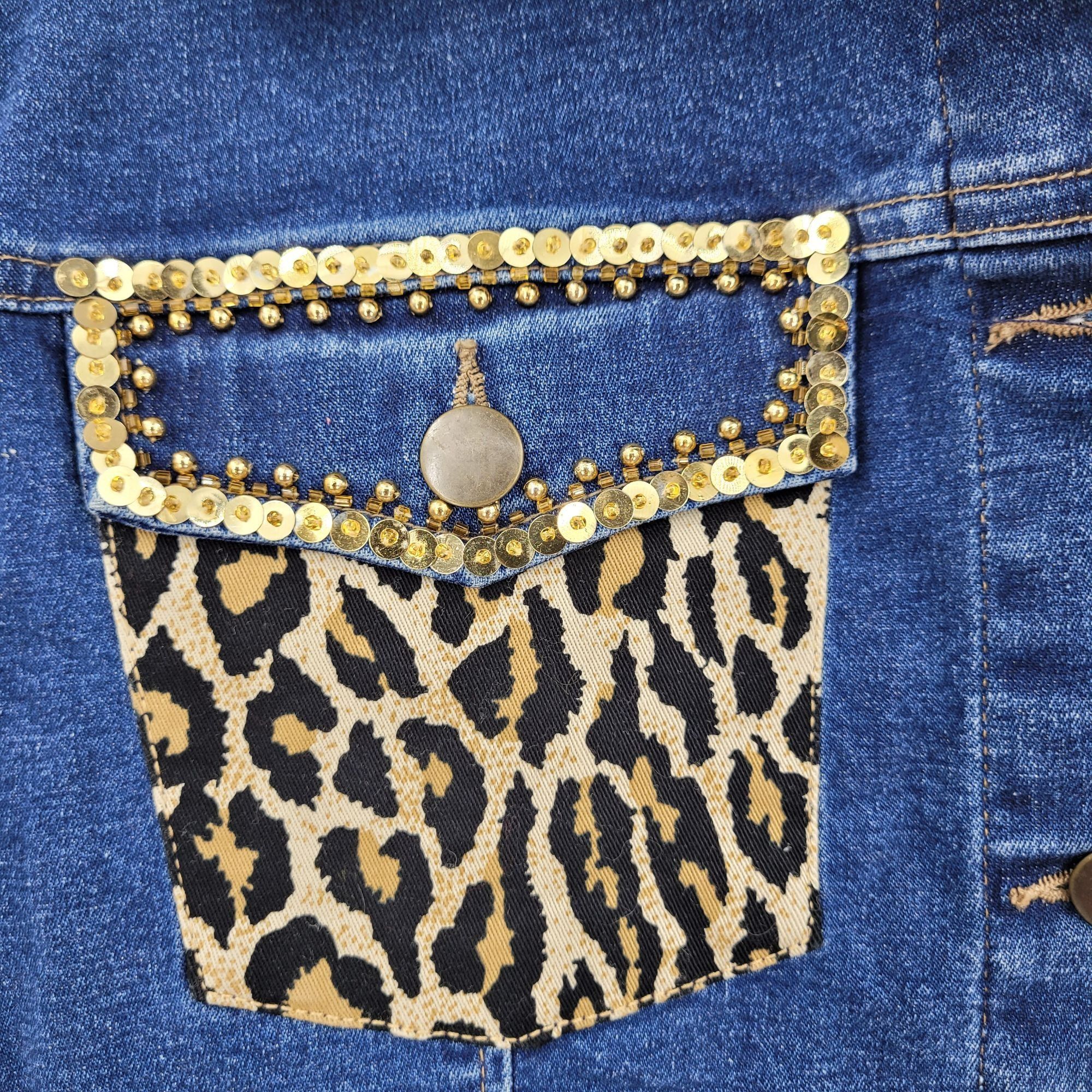 Vintage Vintage Mob Wife Denim Trucker Jacket M Leopard Gold Beaded Size M / US 6-8 / IT 42-44 - 6 Thumbnail