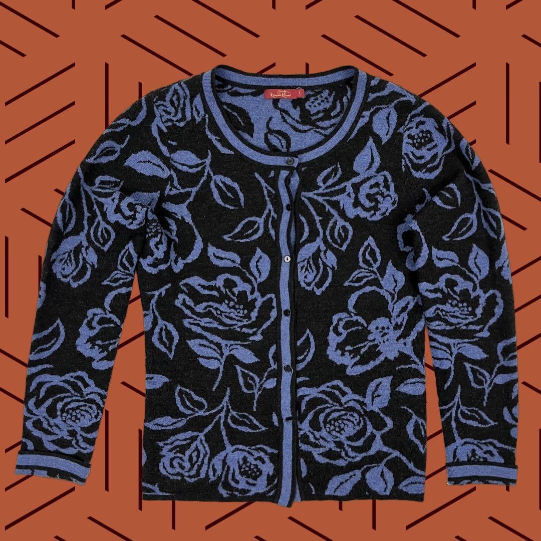 Krimson Klover Cardigan Sweater Womens Large Black Blue Floral Wool Boho Artsy Cardigan Casual Workwear