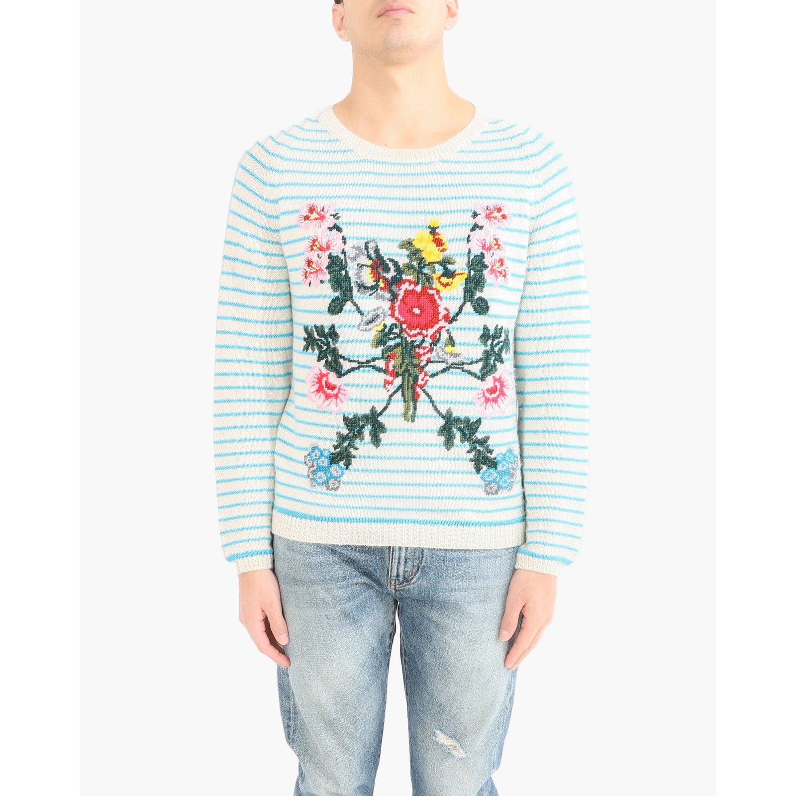 Gucci Gucci Garden Floral Embroidered Striped Knit in White & Blue Size US S / EU 44-46 / 1 - 1 Thumbnail