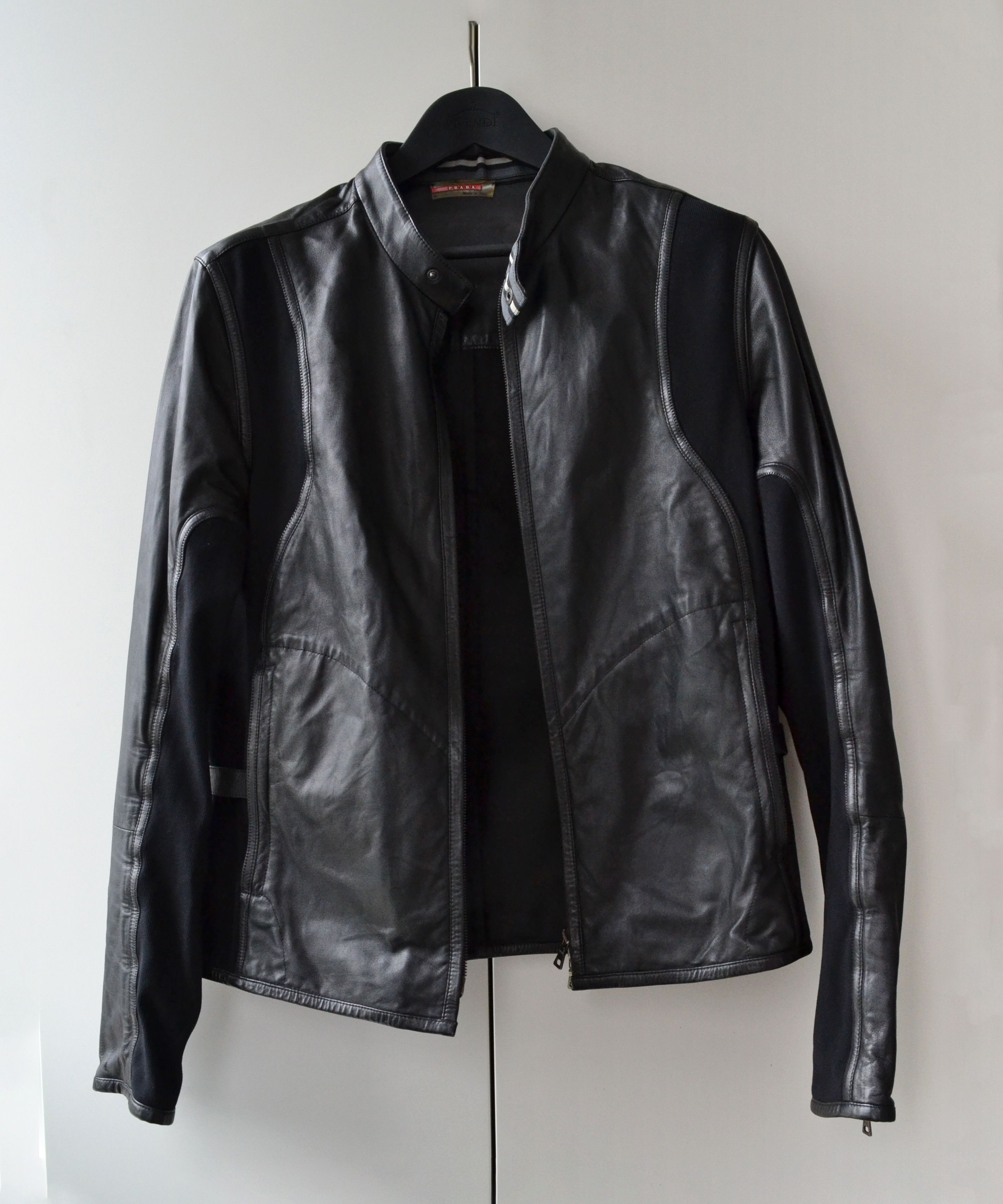 Prada 🔴 PRADA Leather Jacket Black Zip Bomber Pockets Nylon Size US M / EU 48-50 / 2 - 5 Thumbnail
