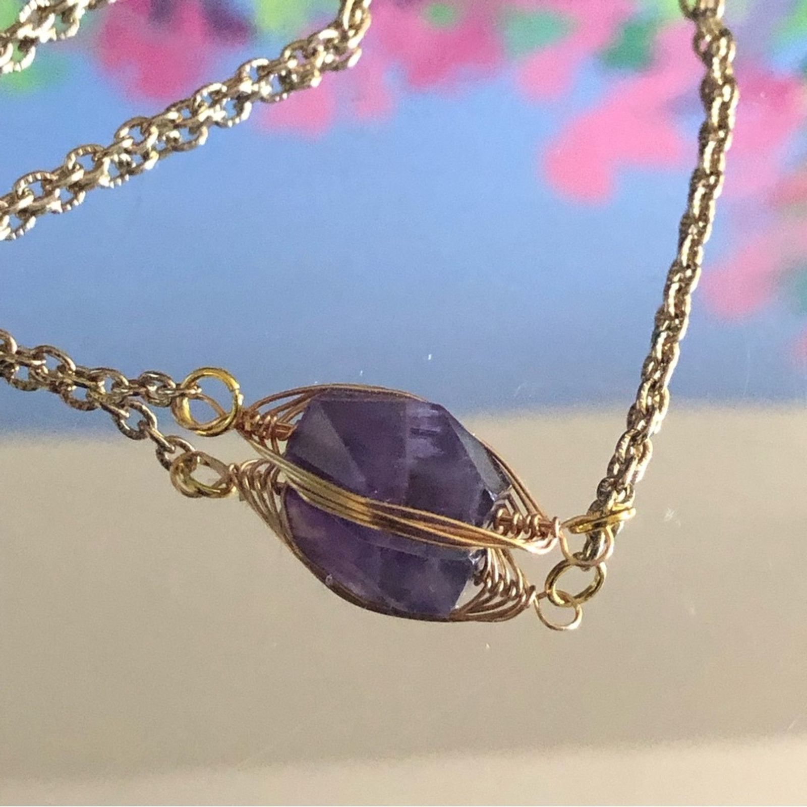 Handmade Handcrafted gold wire cage genuine amethyst stone necklace Size ONE SIZE - 9 Thumbnail