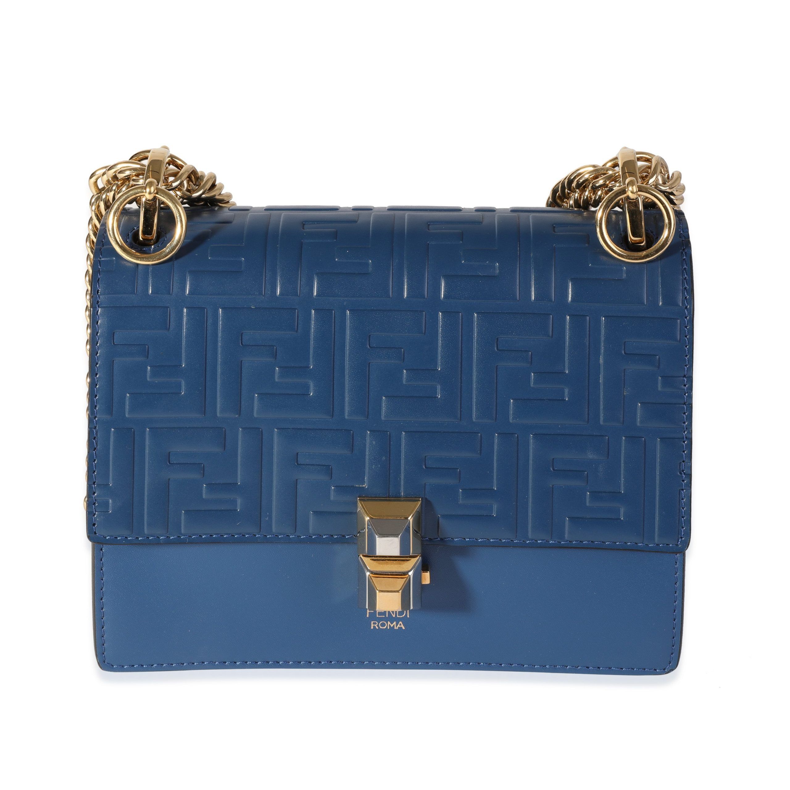 Fendi Blue Logo Embossed Leather Small Kan I Shoulder Bag