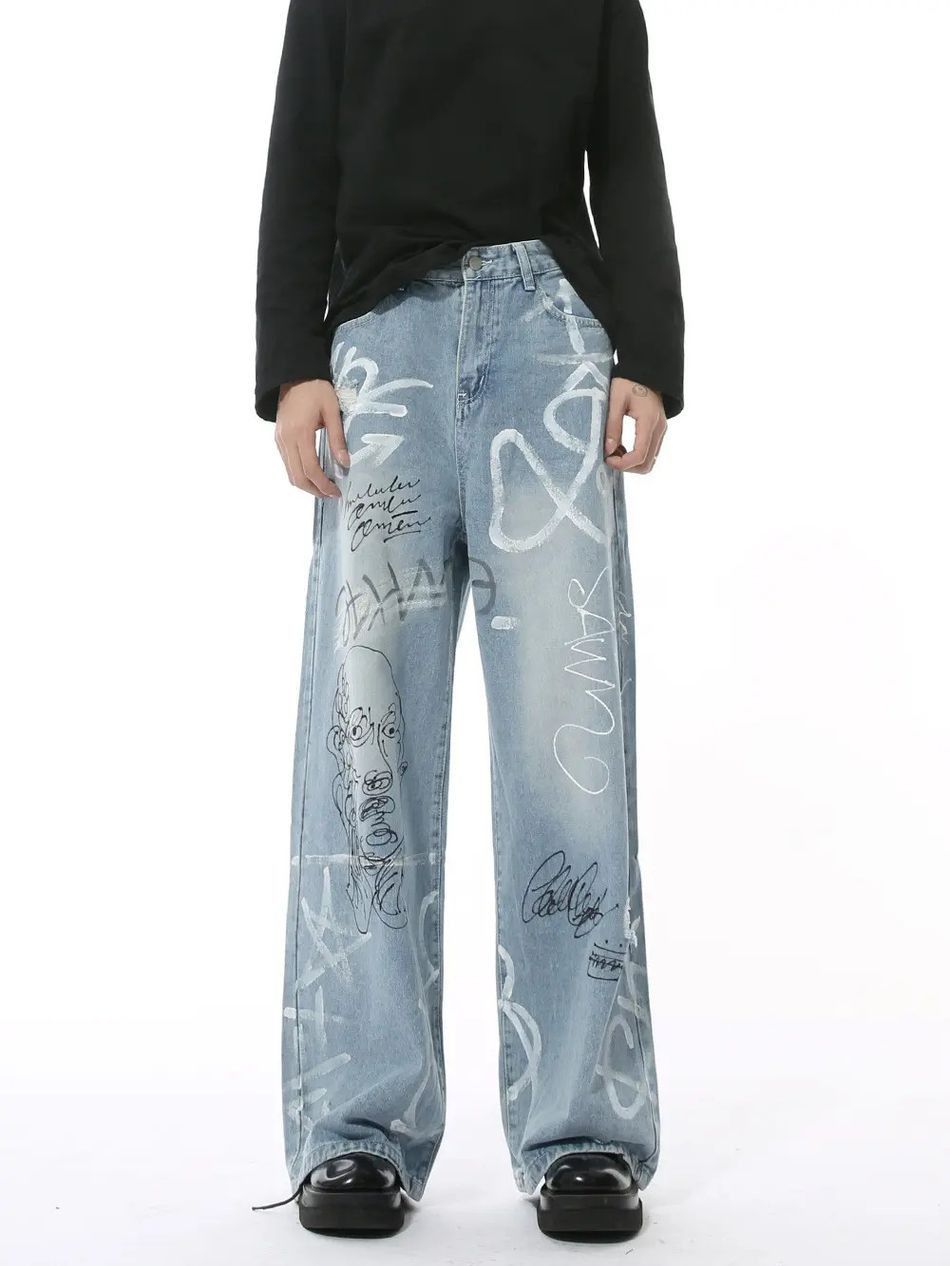 Japanese Brand Retro loose wide leg graffiti jeans Size US 32 / EU 48 - 2 Thumbnail