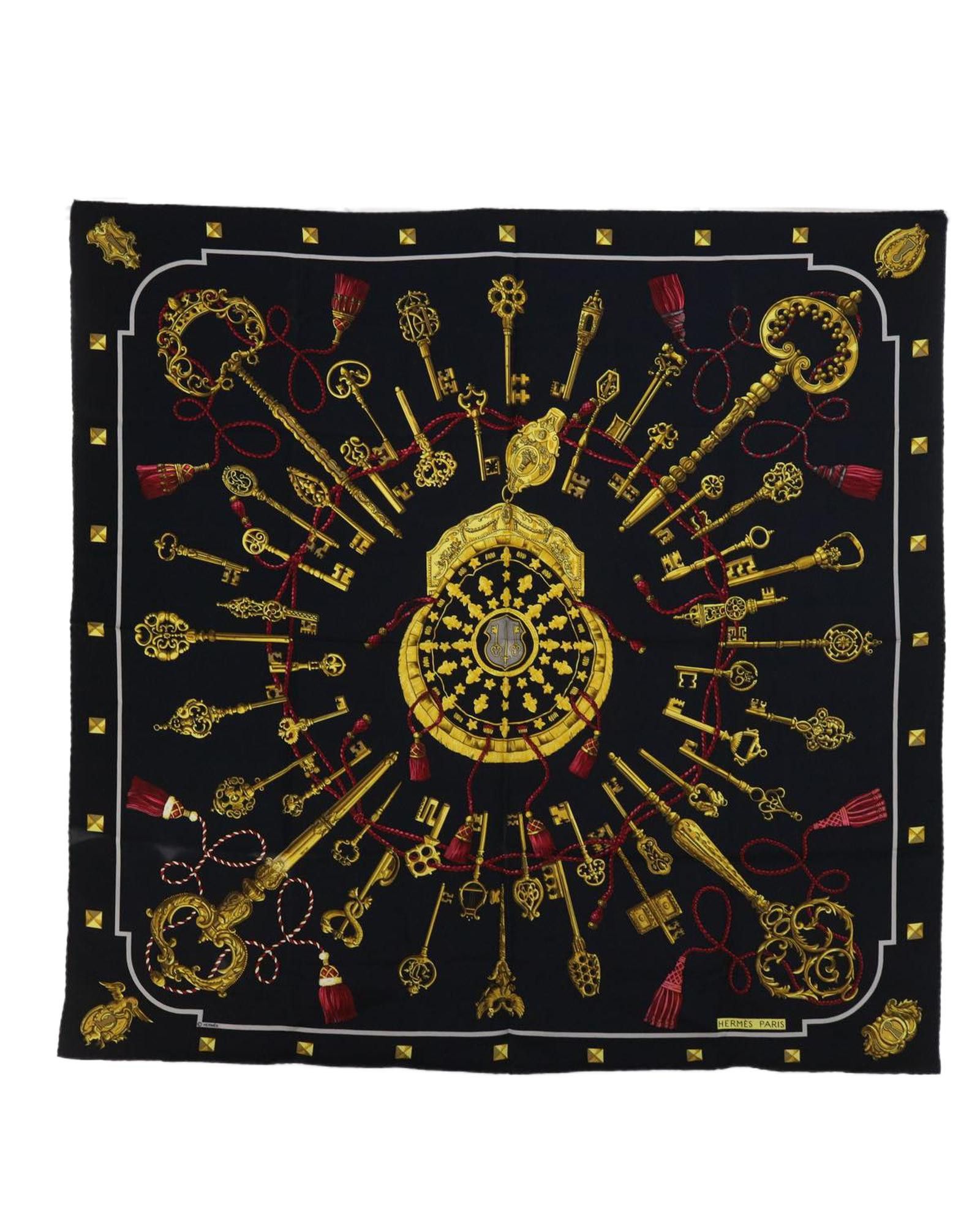 image of Hermes Silk Black Scarf With Key Design, Women's