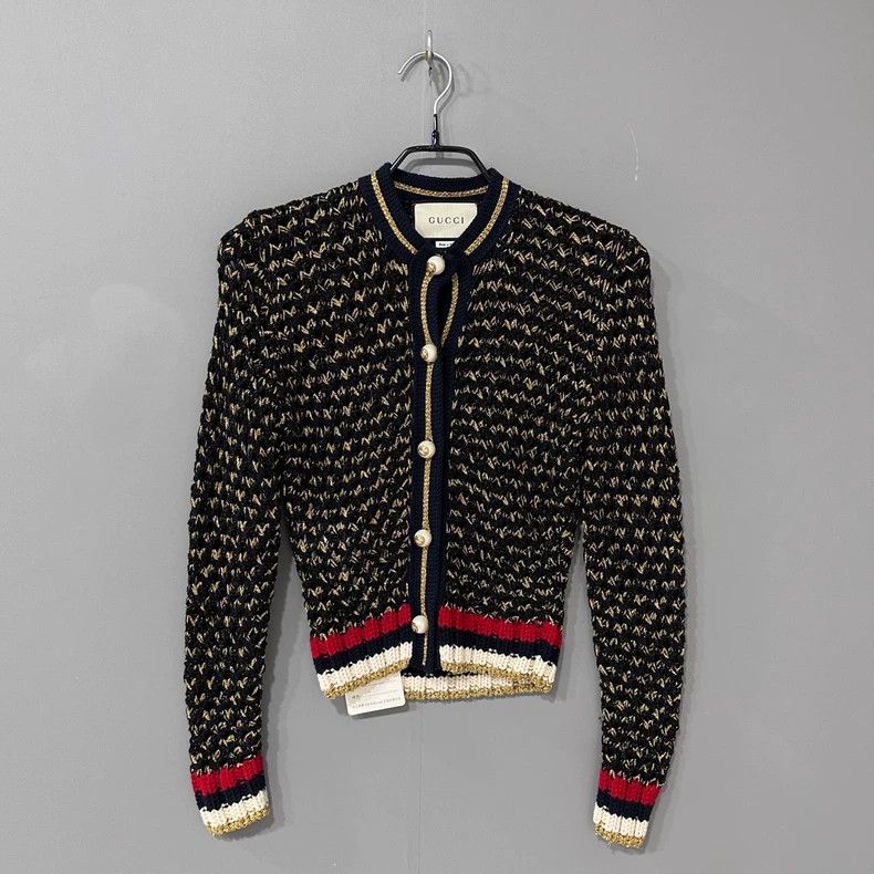 Gucci Pearl buckle striped woven cardigan jacket 2504-Nexta