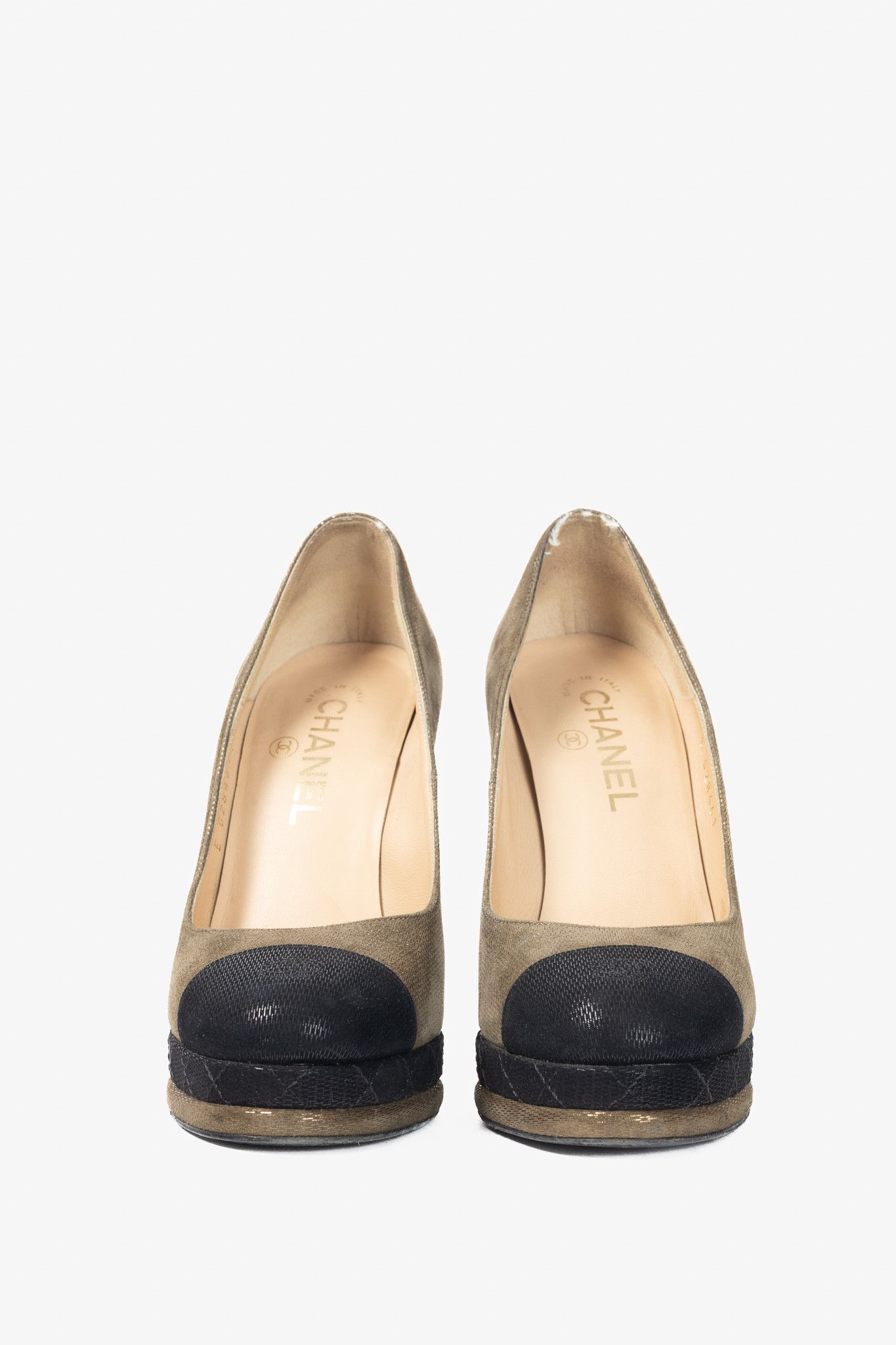 Chanel Chanel 12A Khaki & Noir Suede Cap-Toe Pumps Size US 6.5 / IT 36.5 - 2 Thumbnail