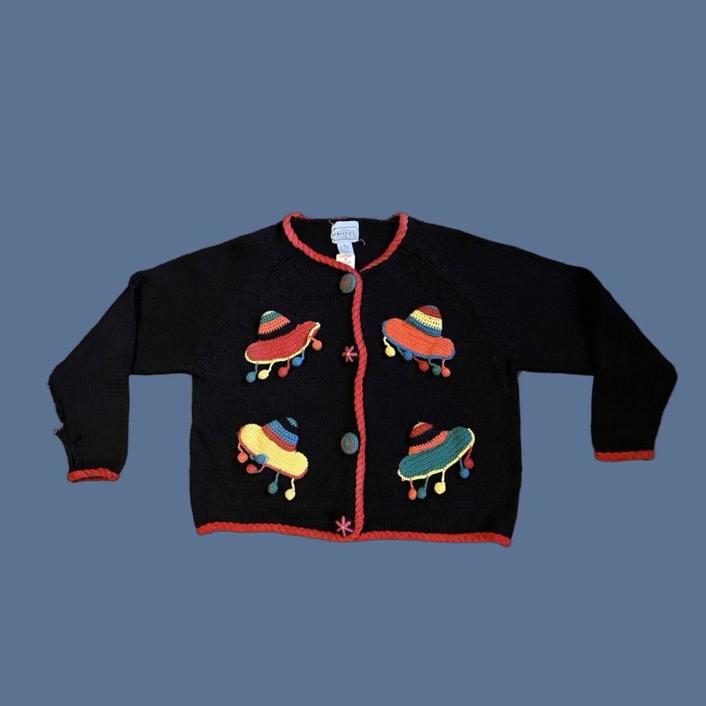 Vintage VINTAGE Croquet Club Cardigan Sweater Women’s M Black Damaged 80s 90s Retro Crochet Button Casual Party/Cocktail Sundry? Size M / US 6-8 / IT 42-44 - 1 Thumbnail