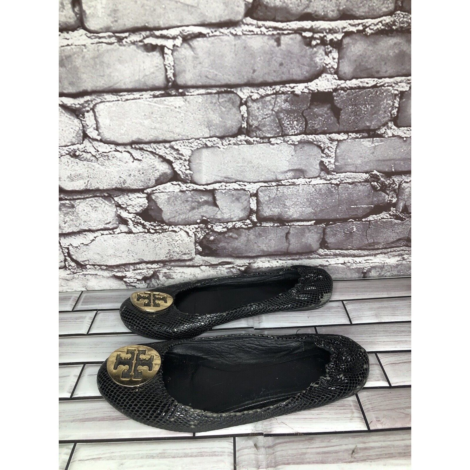 Tory Burch Tory Burch Reva Gold Logo Black Leather Snake Skin Ballet Fl Size US 7.5 / IT 37.5 - 10 Thumbnail