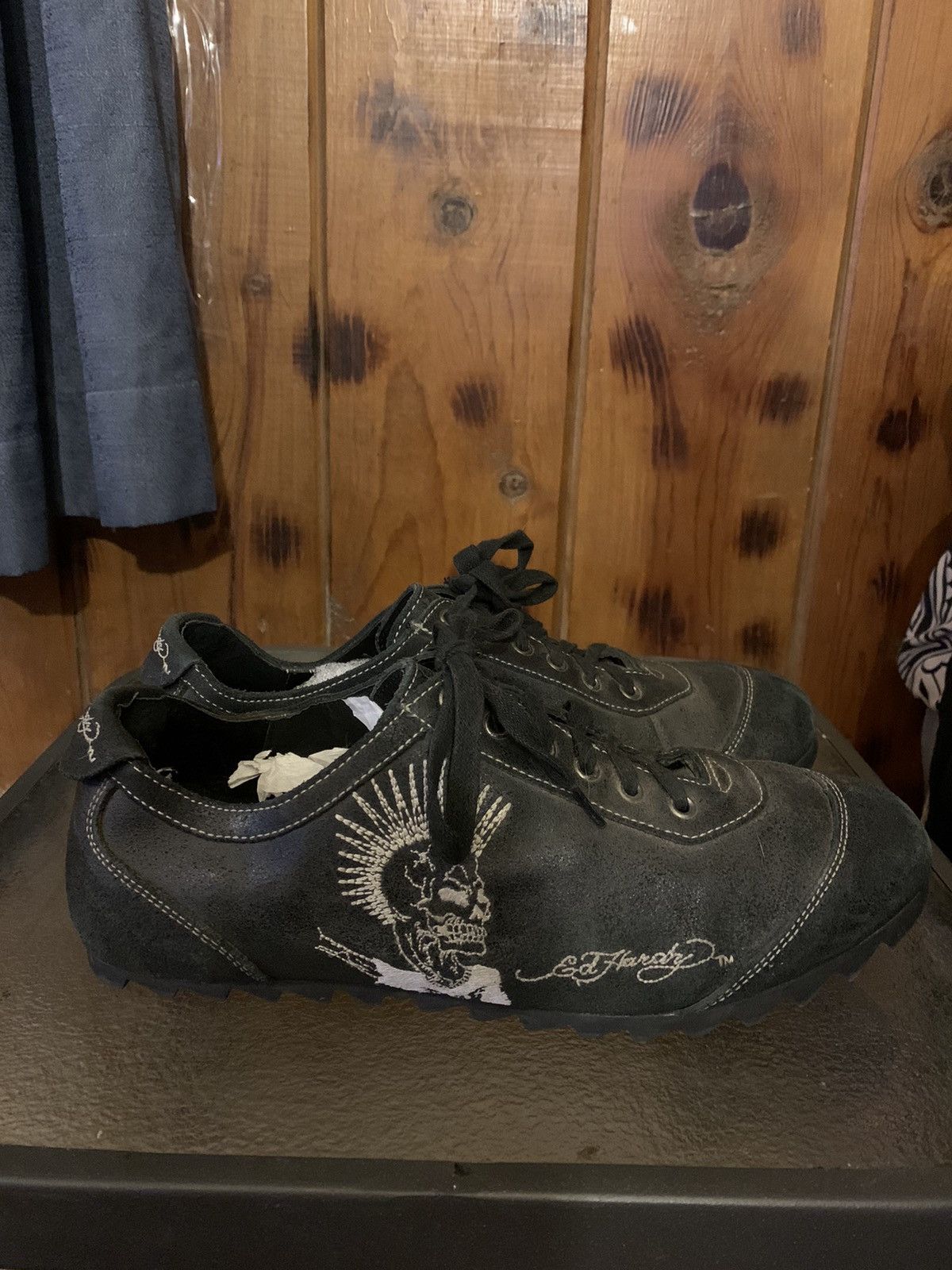 image of Ed Hardy Black Vintage Leather Sneakers, Men's (Size 9)