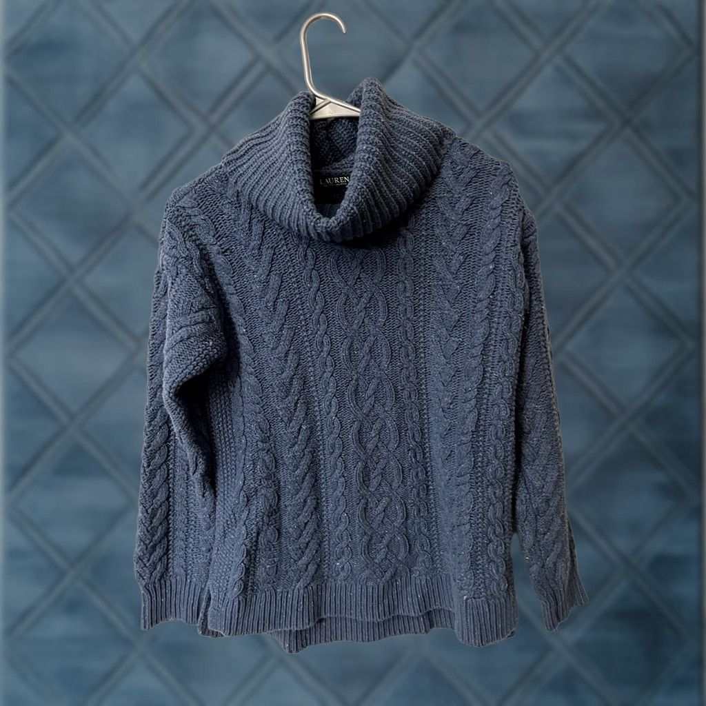 Ralph Lauren Lauren Ralph Lauren Cowl-Neck Sweater Women's M Blue Cable Knit Pullover Knit Bagan? Size M / US 6-8 / IT 42-44 - 1 Thumbnail