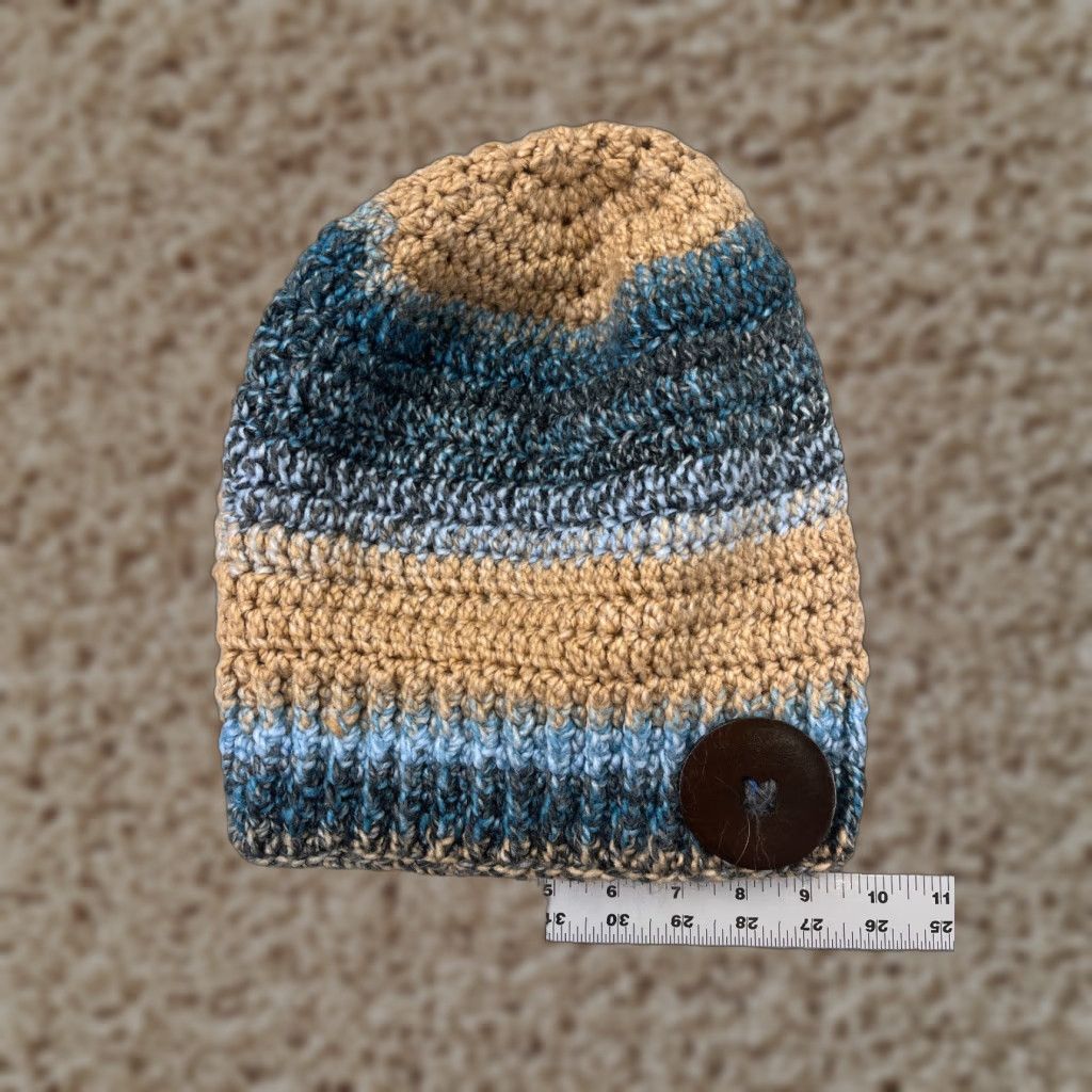 Vintage Handmade Beanie Toque Knit Acrylic Striped Adult One Size Blue Beige Button Hat Mens Women Adults Beanie Size ONE SIZE - 1 Thumbnail