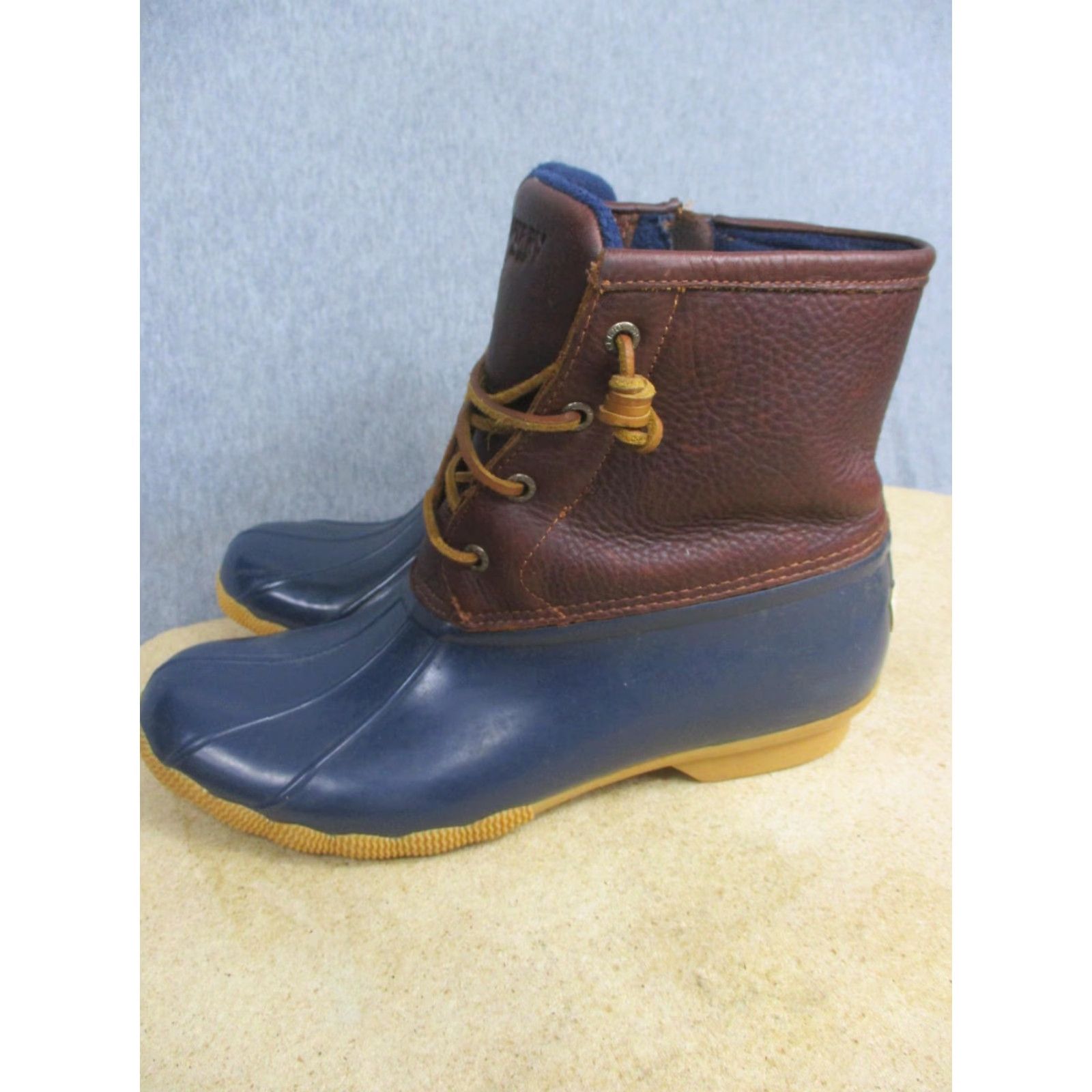 Sperry Sperry Saltwater Boots Womens Size 10 Navy Brown Leather Waterproof Side Zip Duck Rain Boot STS91175 Size US 10 / IT 40 - 3 Thumbnail