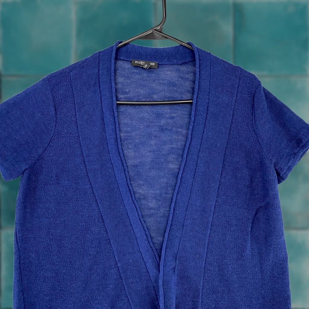 Eileen Fisher Eileen Fisher Cardigan Sweater Cardigan Womens Petite Large Wool Open Front Short Sleeve Blue Knitted Lightweight V-Neck 100% Wool Women Size L / US 10 / IT 46 - 1 Thumbnail