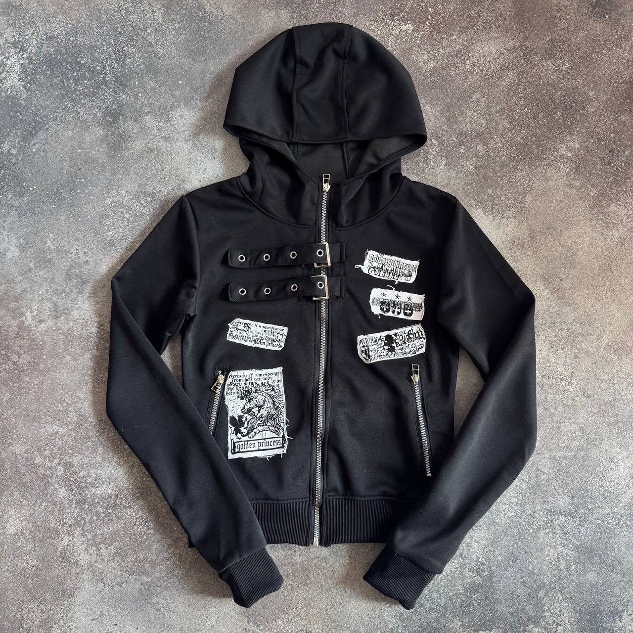 Other Opium Y2K Punk Rave Goth Patchwork + Bondage Zip Hoodie Size S / US 4 / IT 40 - 1 Thumbnail