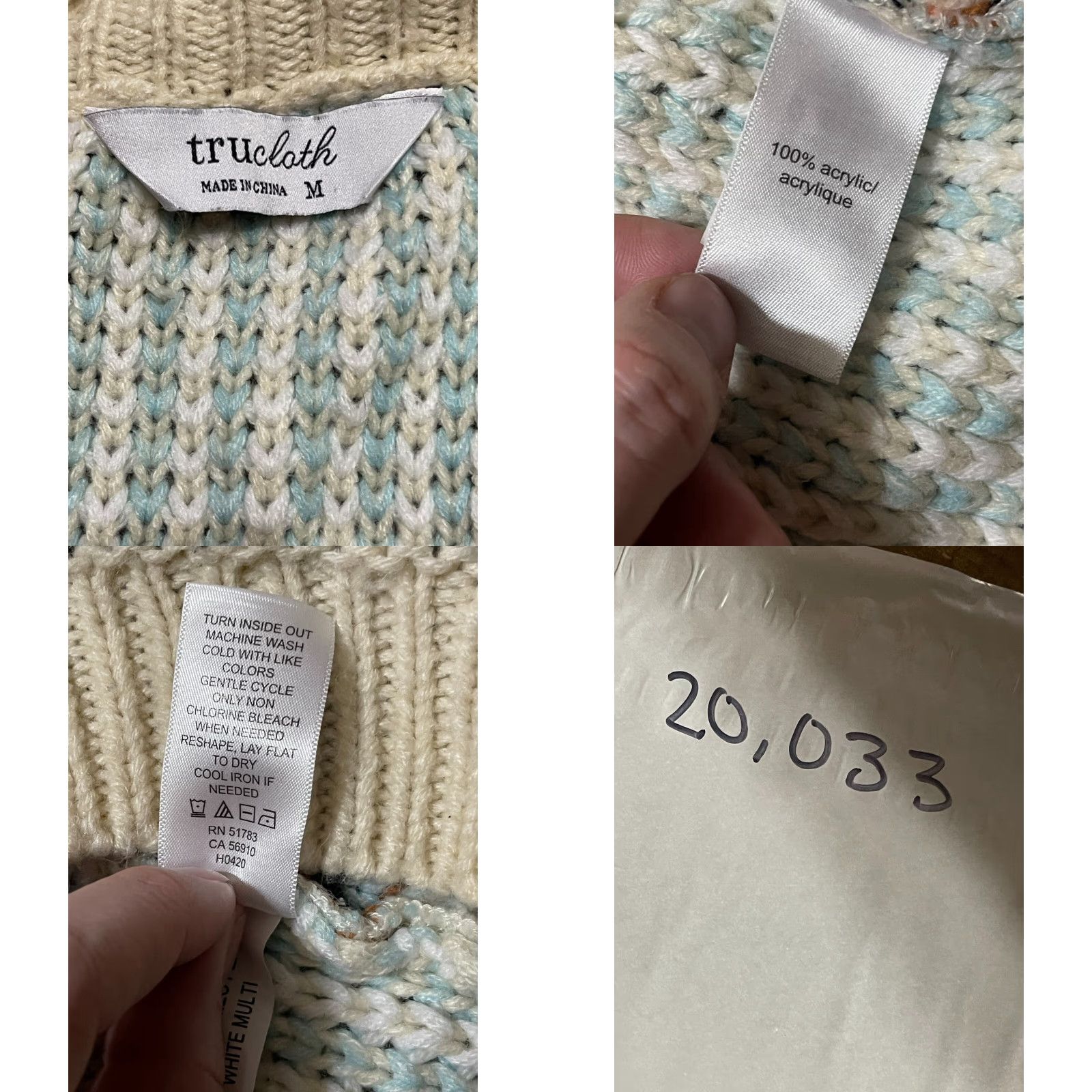 Vintage Tru Cloth Sweater Cardigan, Women's Size M, Ivory Cream Blue, Knit, Long Sleeve, Regular Fit, Solid Pattern, Fall Spring Summer, Women Size M / US 6-8 / IT 42-44 - 8 Thumbnail