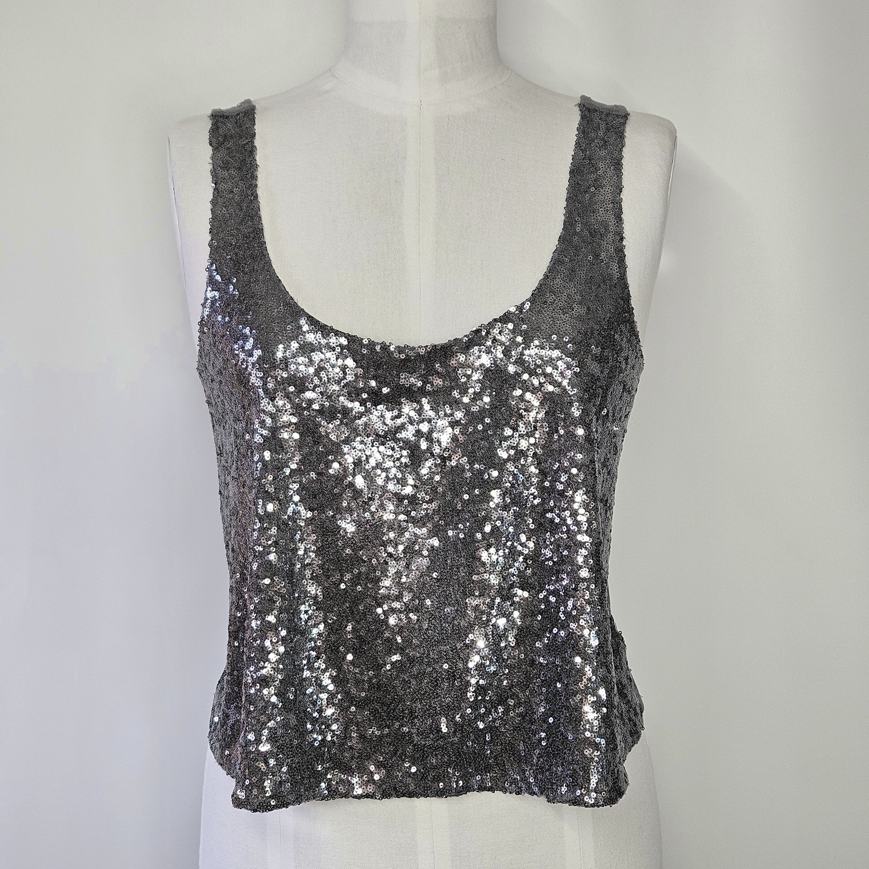 Guess Guess Size M Tank Top Silver Sequin Crop Cami Grey Jersey Size M / US 6-8 / IT 42-44 - 1 Thumbnail